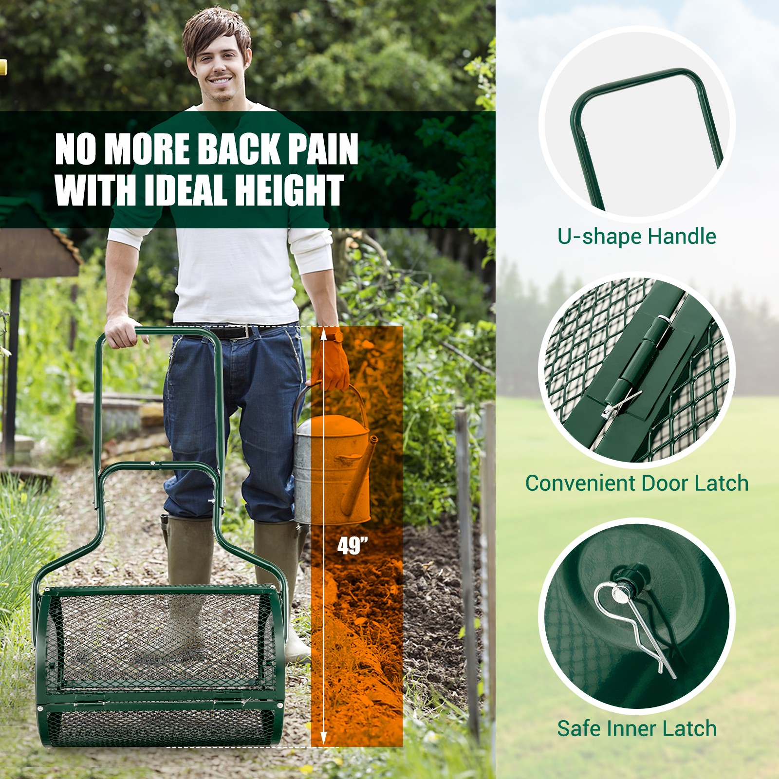24" Peat Moss Spreader Compost Spreader w/ Upgrade Side Latches & U-shape Handle