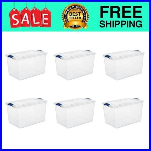 6Pack Sterilite Large Storage Bin, 66 Quart Clear Plastic Storage Container Blue