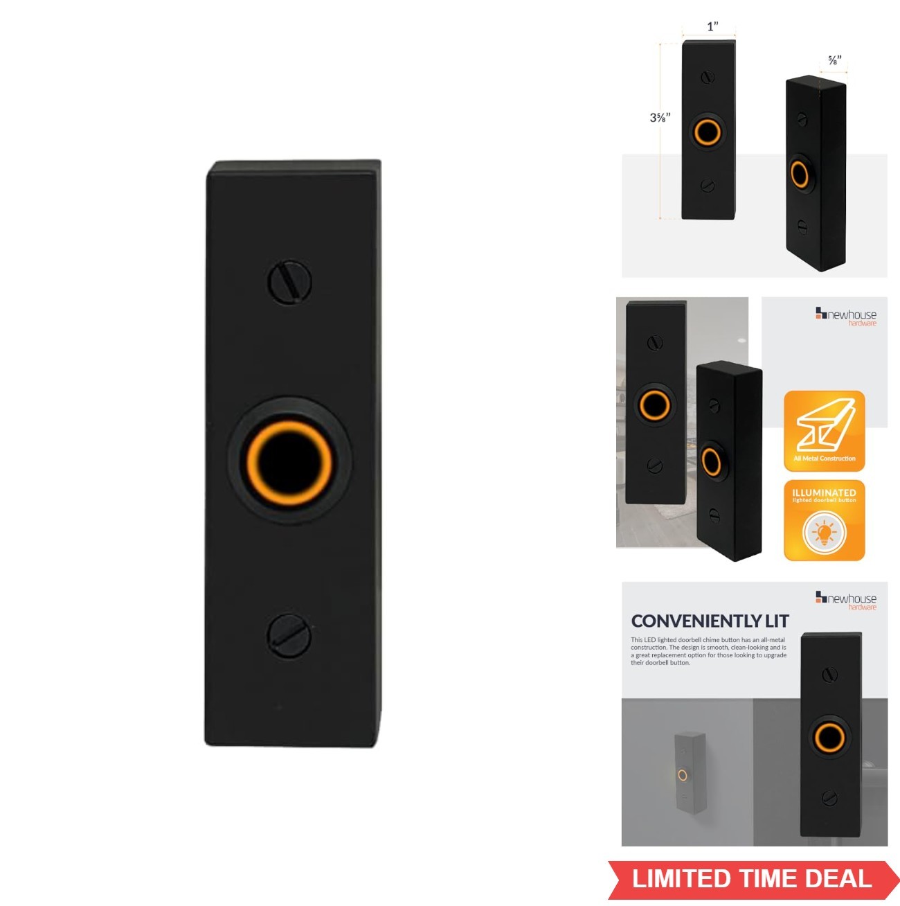 Wired Doorbell Button Rectangular LED Light Metal Surface Mount Black For Chime