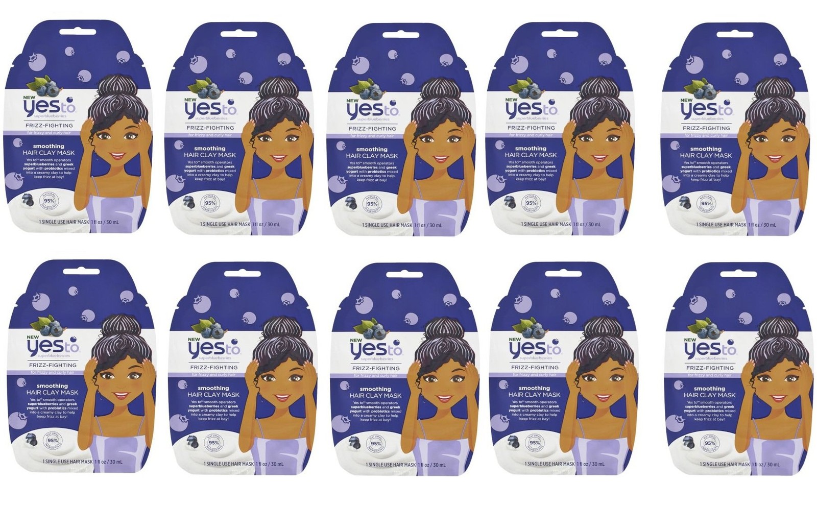 (10 pack) Yes To Super Blueberries Frizz Fighting Smoothing Hair Clay Mask 1 Oz