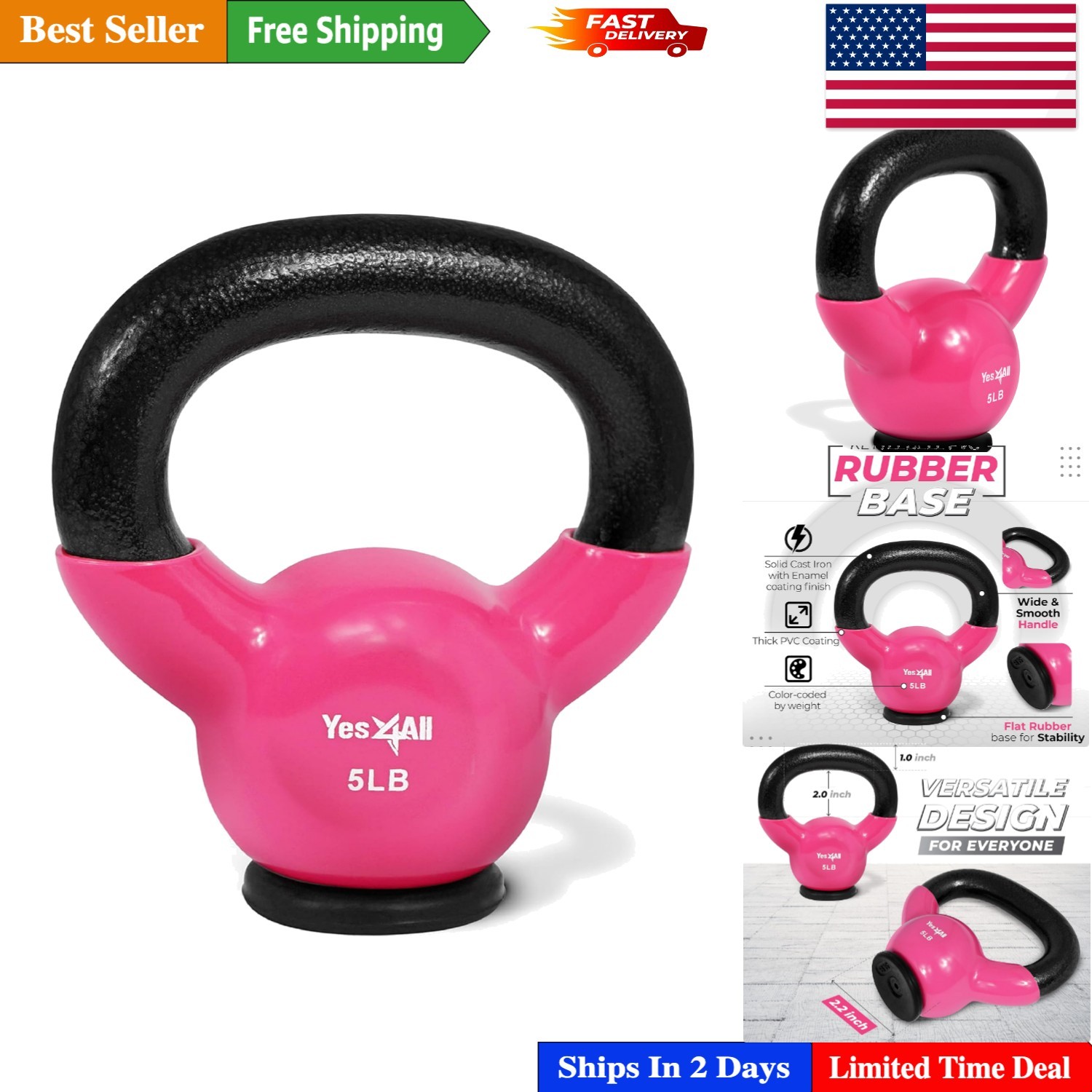 Durable Rubber Bottom Kettlebells 5-65 lbs - Ideal for Home Strength Training