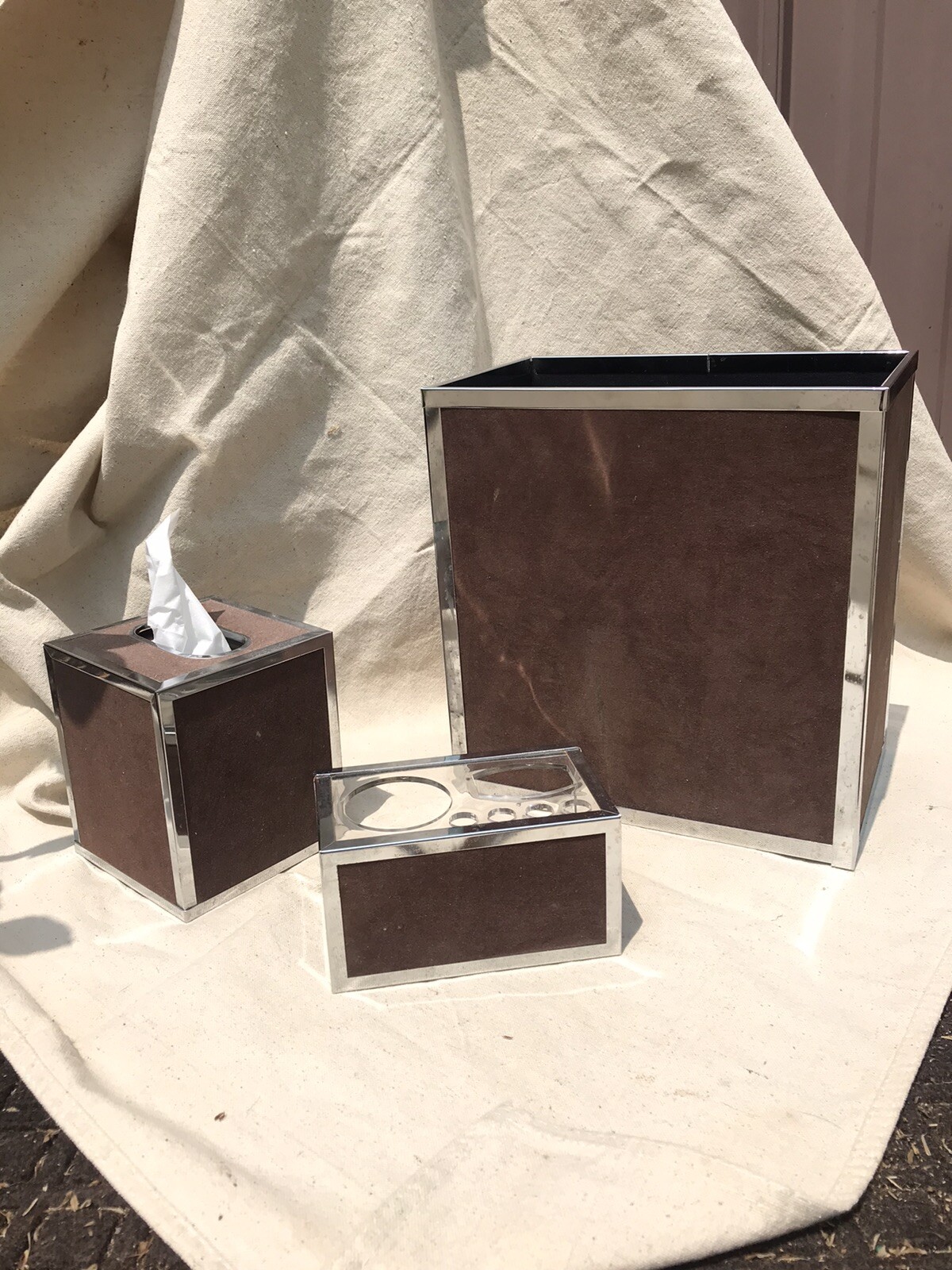 MCM Chrome Suede Wastebasket Tissue Makeup Holder Set Stylebuilt Accessories