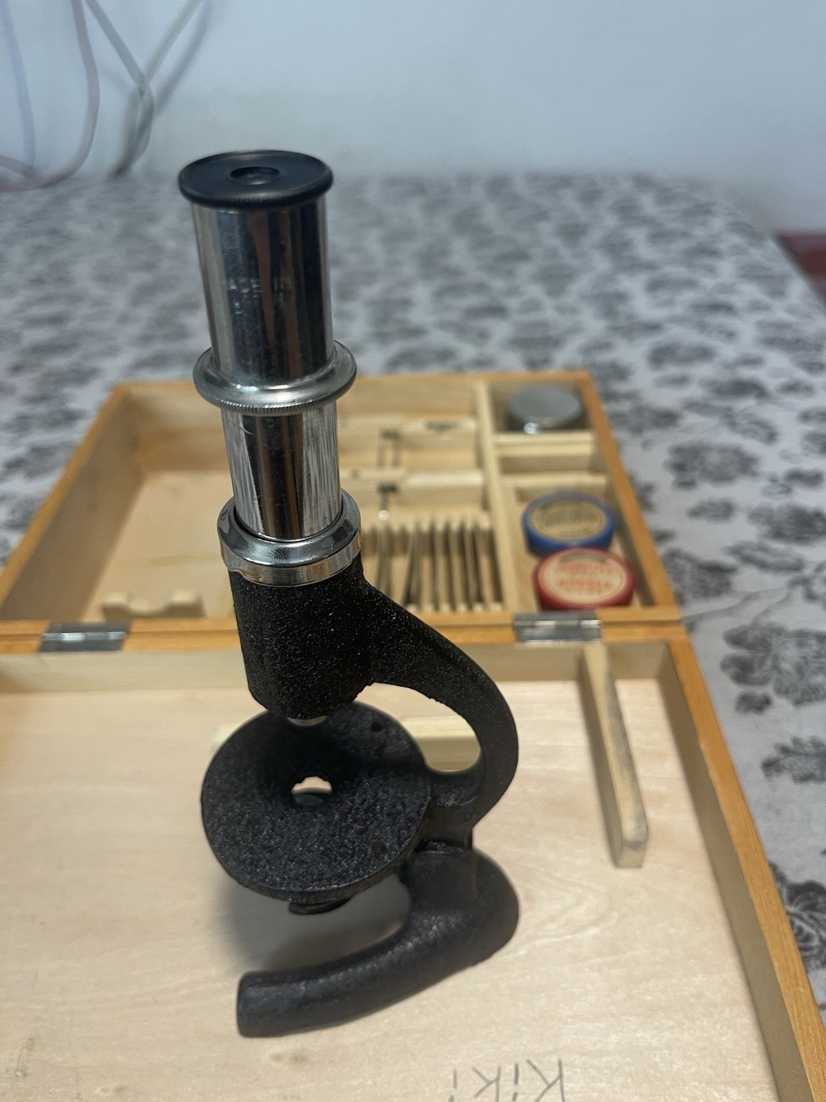 Vintage Microscope Kit w/ Slides Tools Wooden Box Complete As-Is