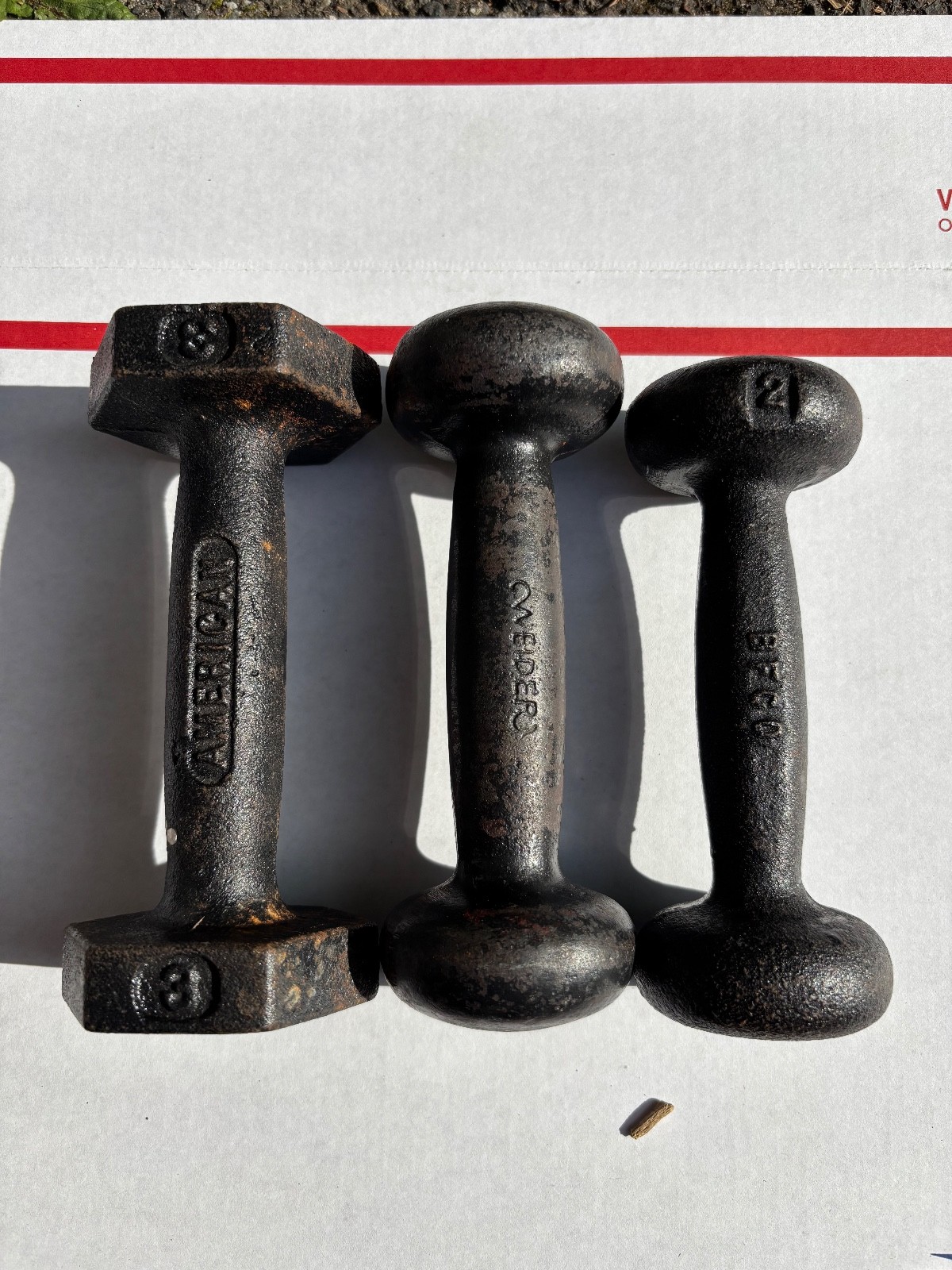 Vintage single bun dumbbells BFCO 2 lbs, Weider and American Hex 3 lbs weights