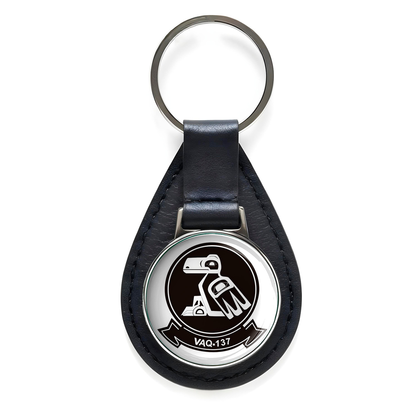 VAQ-137 Electronic Attack Warfare Squadron Black Leather Keychain Silver Keyring