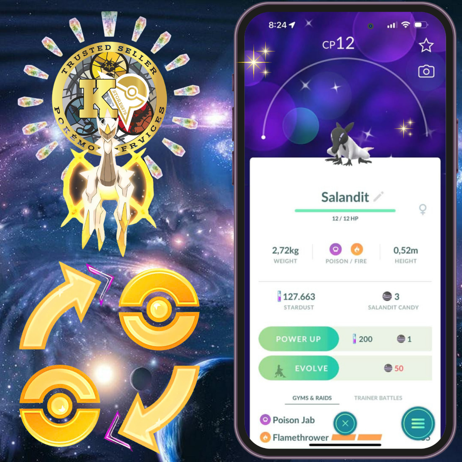 Pokémon PTC—TRADE GO— Shiny Salandit (Female) Level 1—Caught in the WILD—Digital