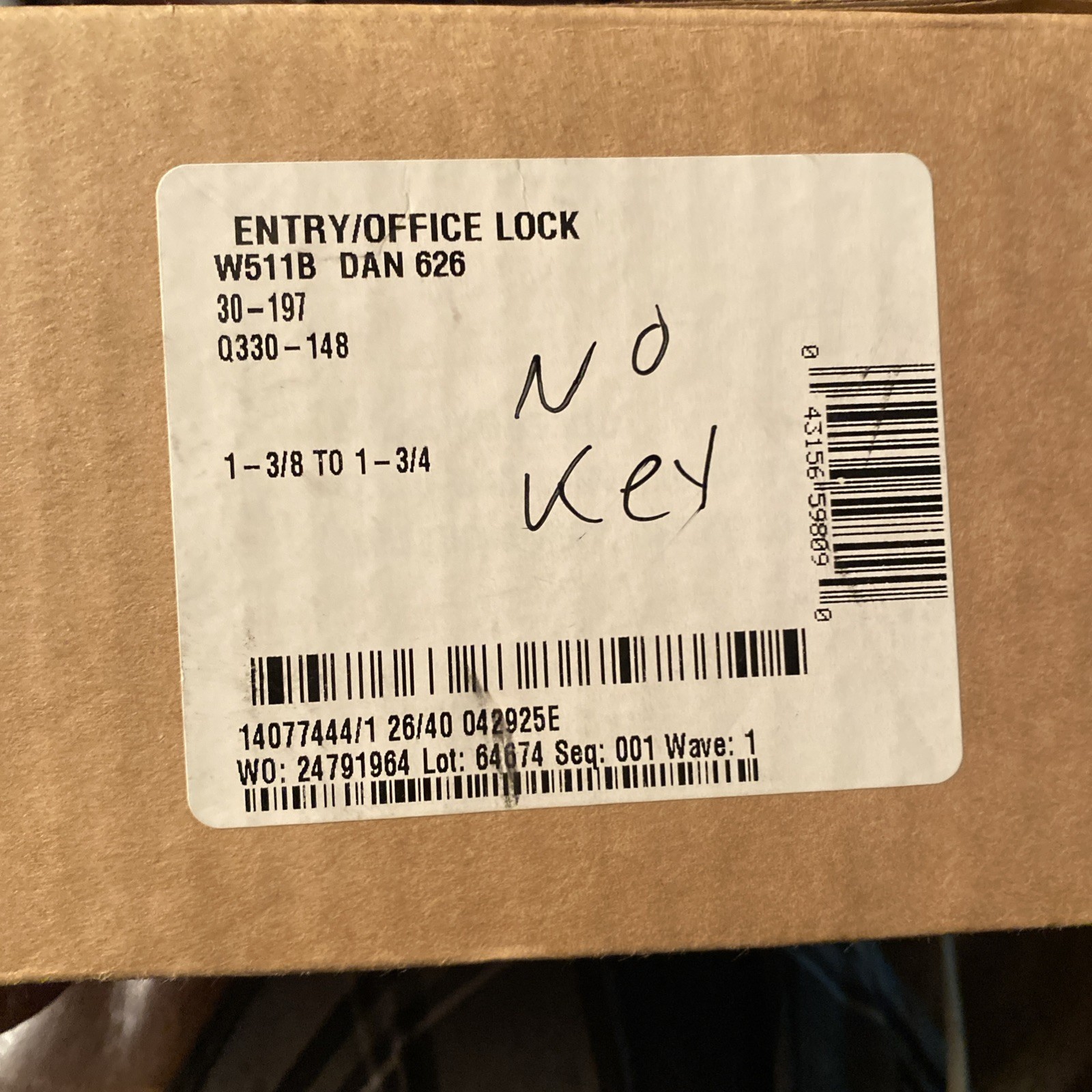 Falcon Entry/Office Lock W511B DAN 626 1-3/8”-1-3/4” New **NO KEY**
