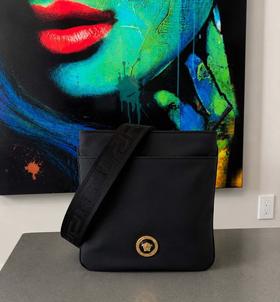 VERSACE Flat Crossbody Bag Fabric Calf Leather Black $850  Retail Hot Deal