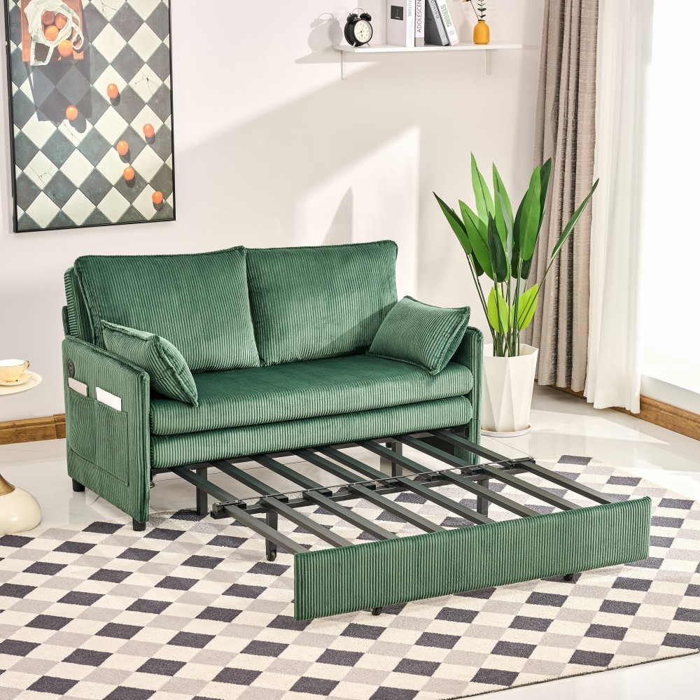 55" Convertible Sofa Bed w/ USB Ports, Corduroy Upholstery, Green