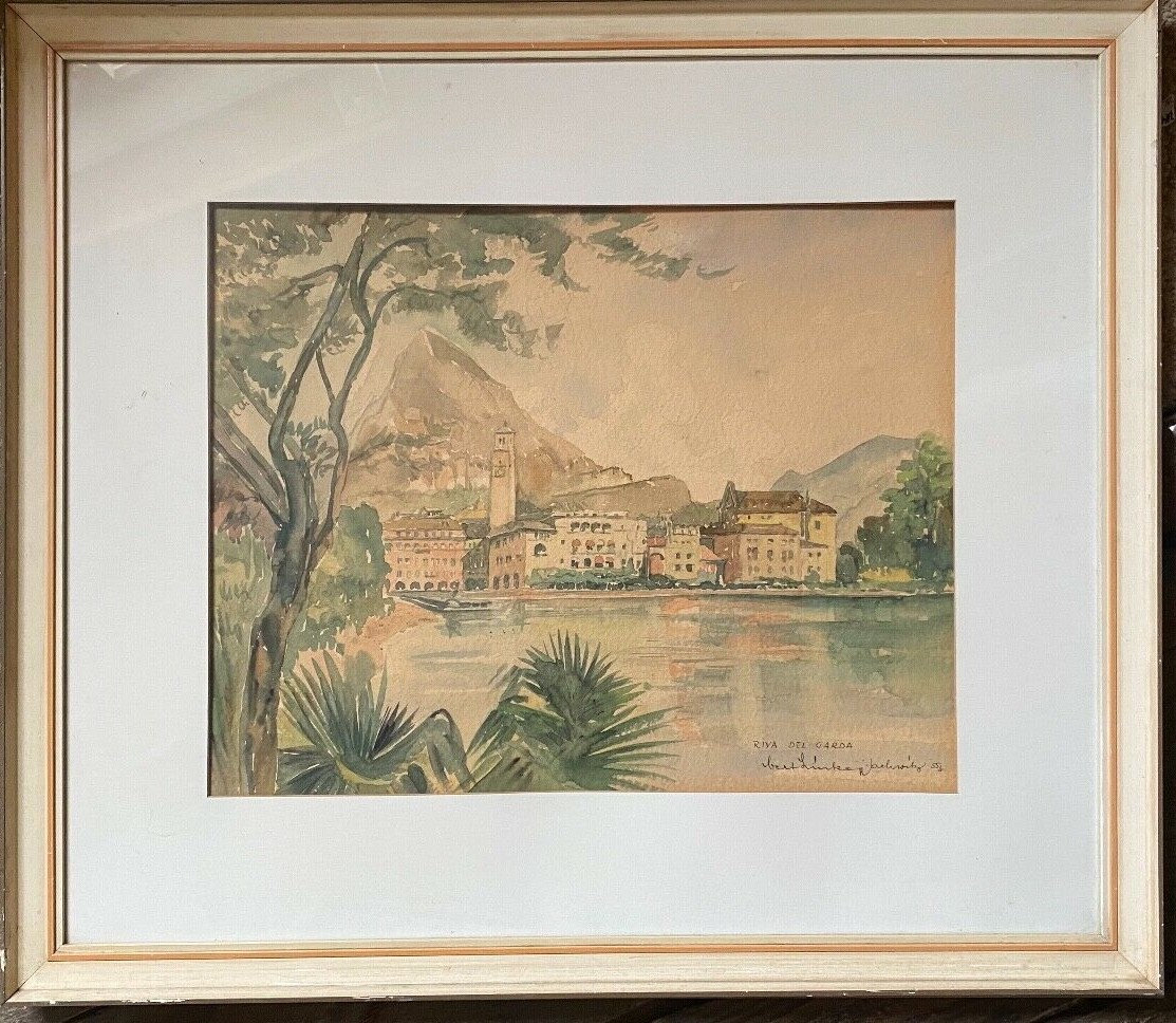 ::RIVA DEL GARDA °WATERCOLOUR ANTIQUE HARBOUR HOUSES °ITALY COAST MEDITERRANEAN ANTIQUE