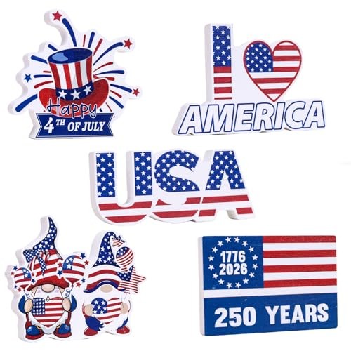 5Pcs 4th July Patriotic Wooden Signs, 250th USA Tabletop Tray Decor | 5Pcs