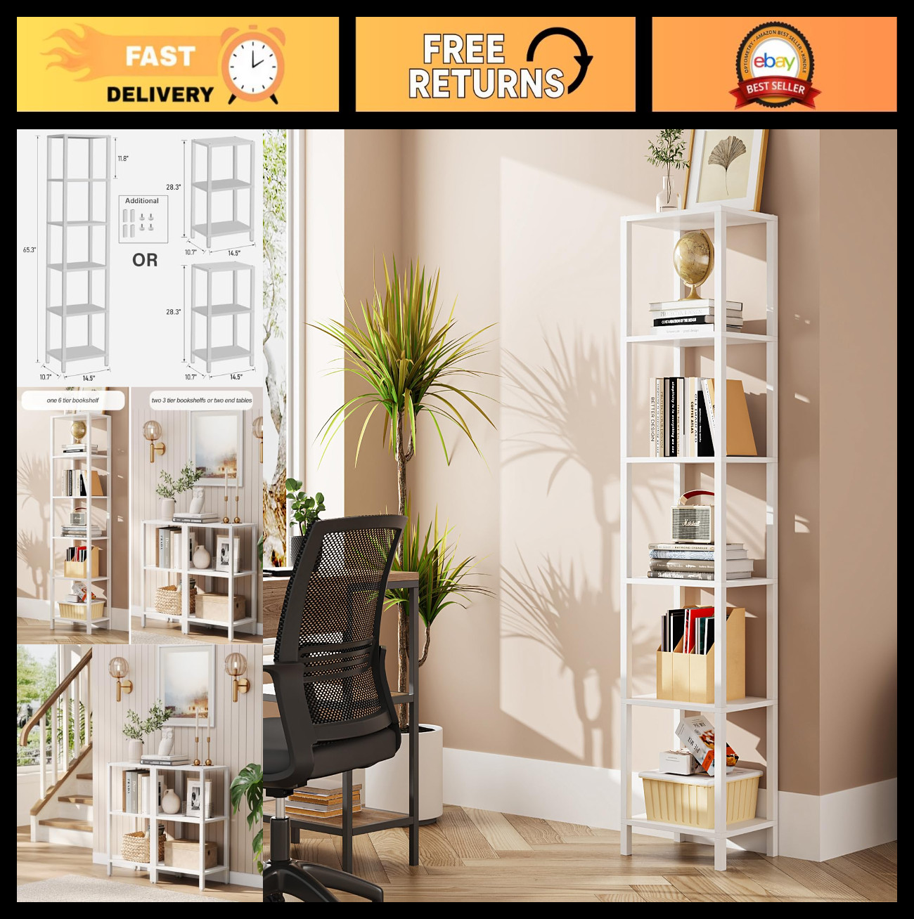 6-Tier Tall Narrow Bookshelf - DIY Stackable Bookcase for Small Spaces, Living R