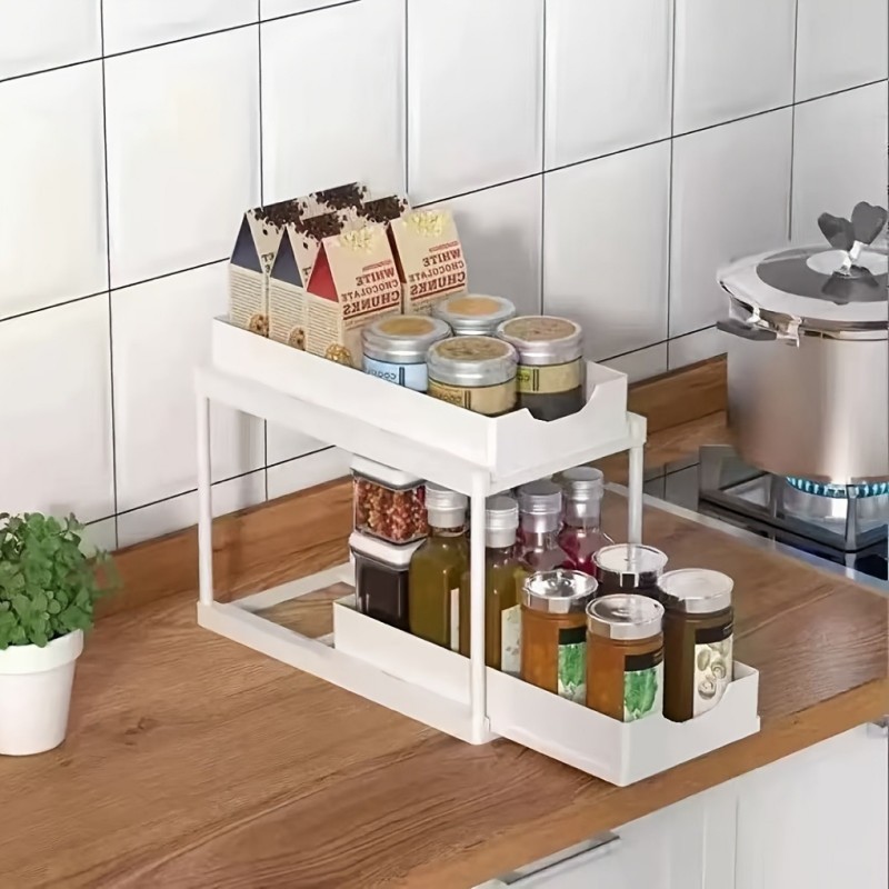 2Pcs White 2-Tier Pull Out Storage Shelf Kitchen Bathroom Counter Organizer