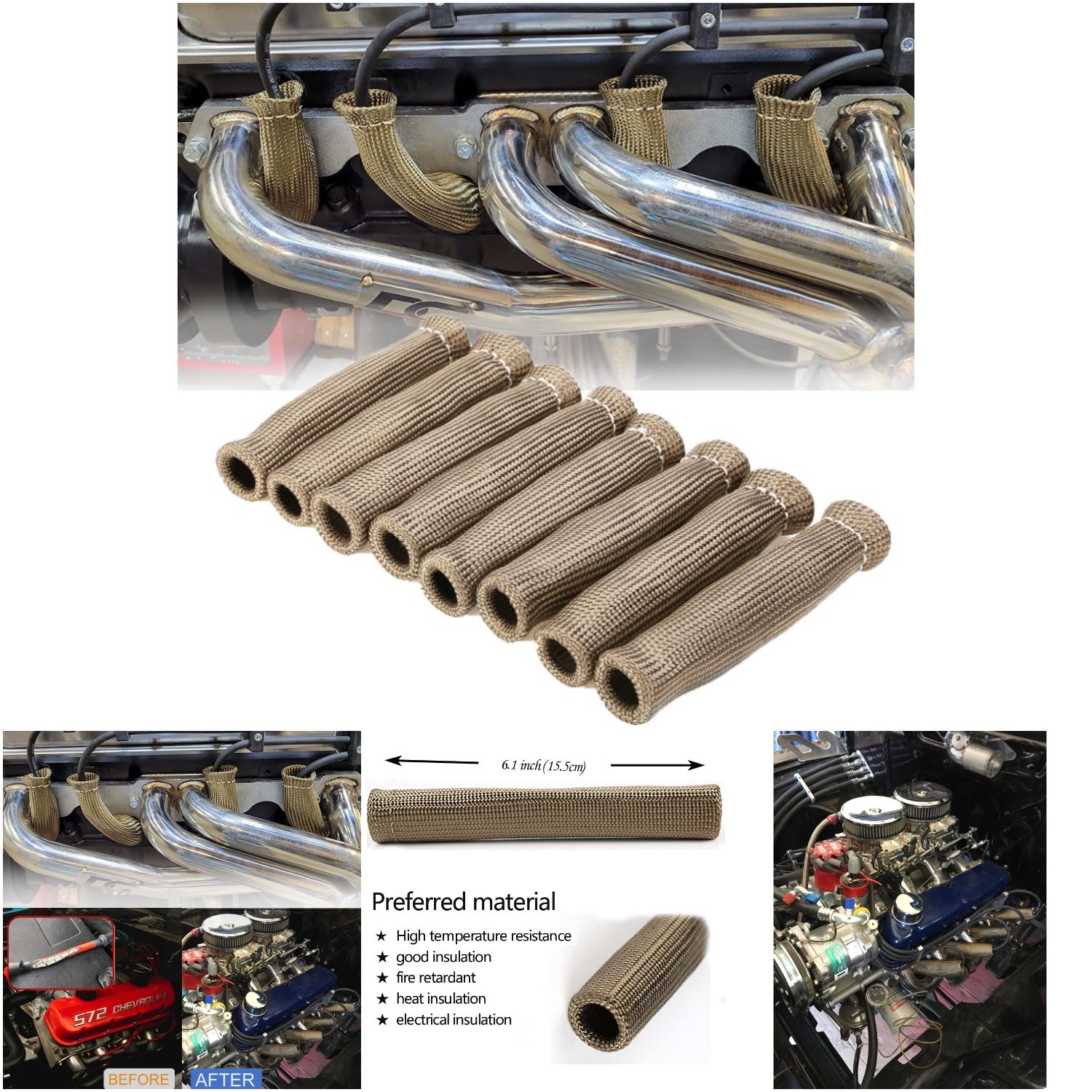 8PC Spark Plug Wire Heat Shield 2500 Deg Insulator Cover Wrap SBC BBC 350 454