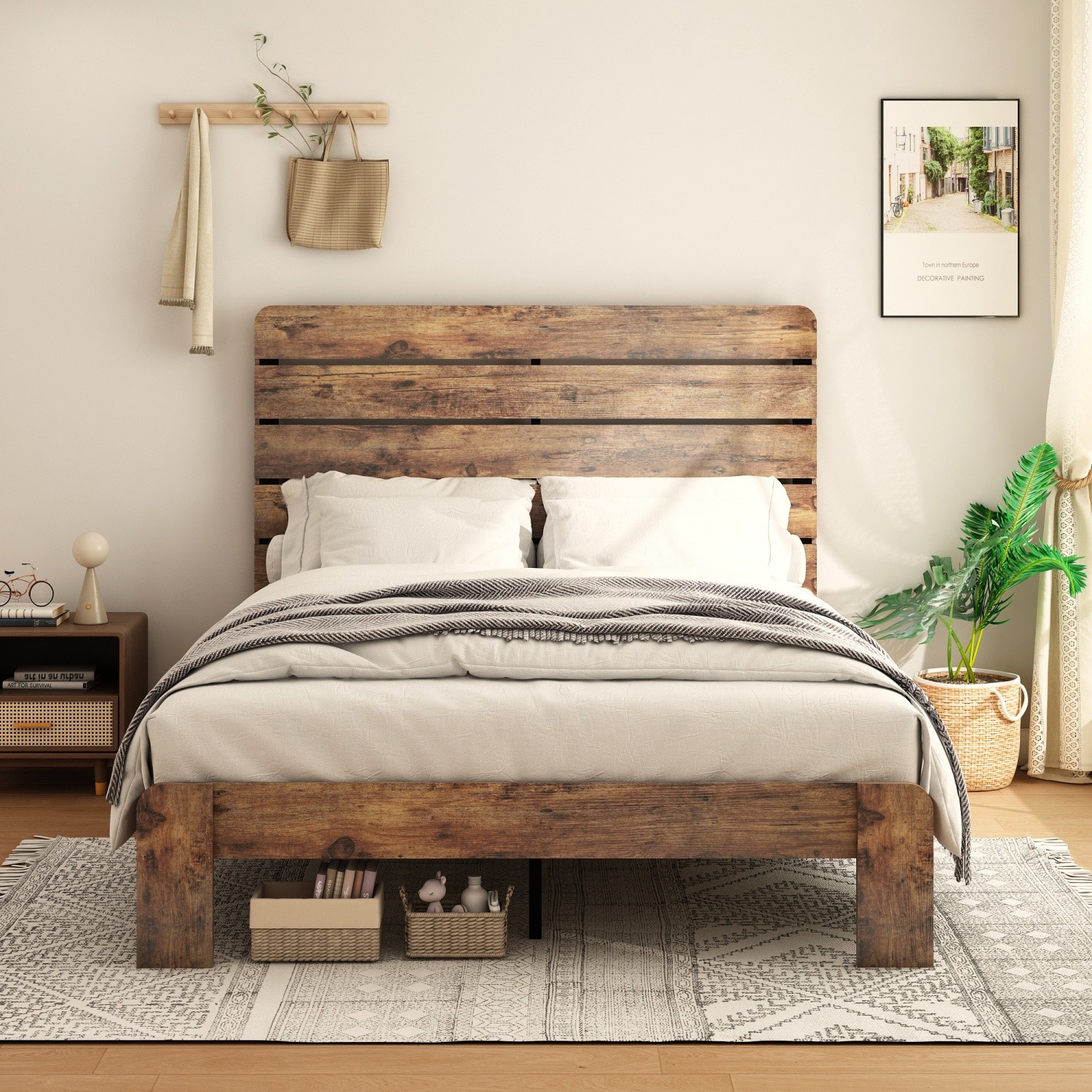 King Size Wood Platform Bed Frame w/ Headboard No Box Spring Needed Dark Brown