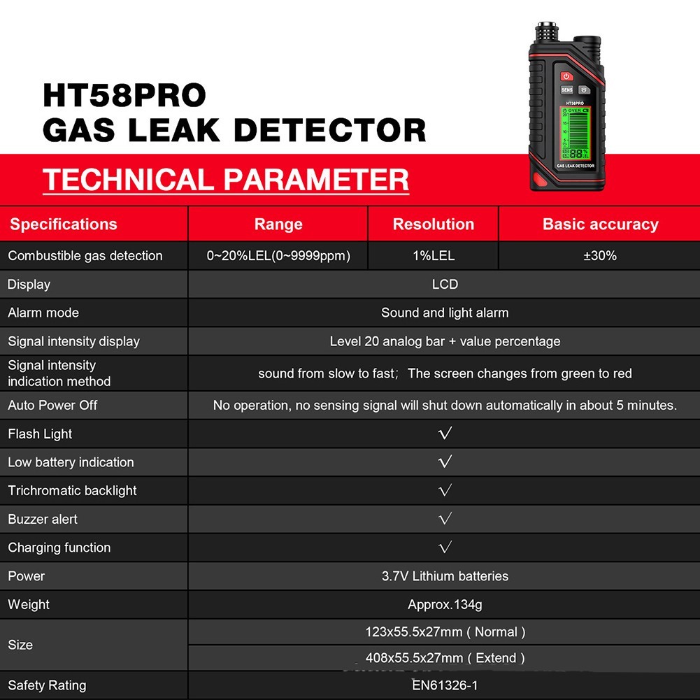 HT58PRO Rechargeable Gas Leak Detector with Easy Reading Backlit Display