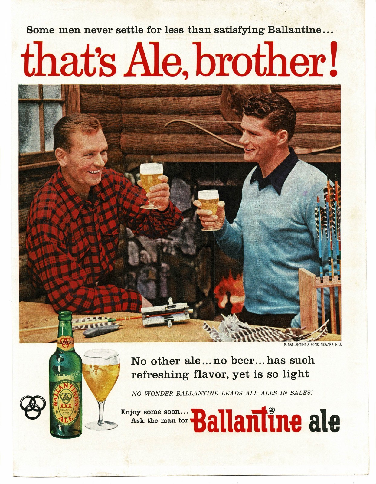 1956 Ballantine XXX Beer That's Ale Brother men at cabin arrow fletcher Print Ad