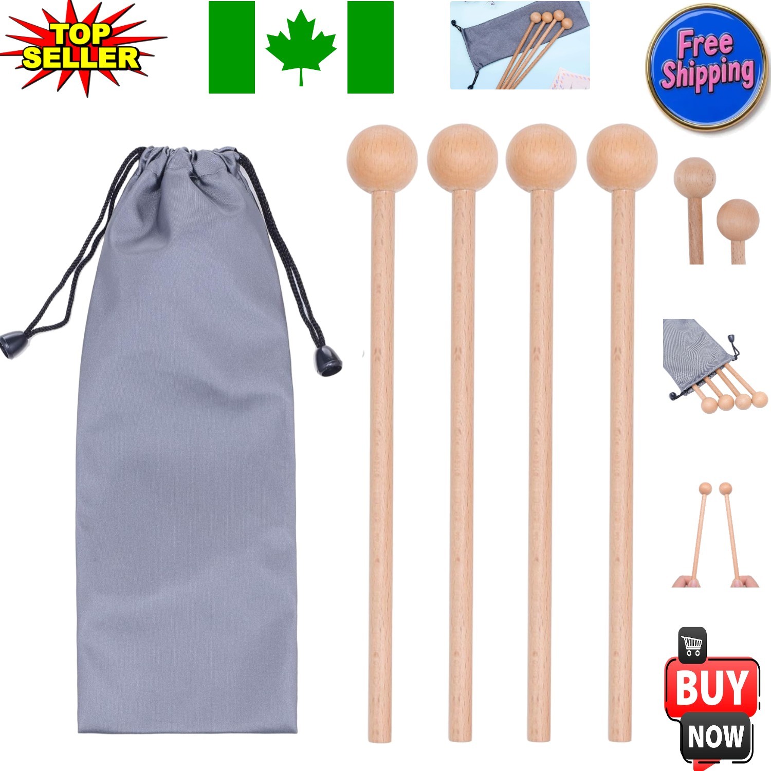 2 Pairs of 8-Inch Beechwood Mallets for Perfect Xylophone & Glockenspiel Play