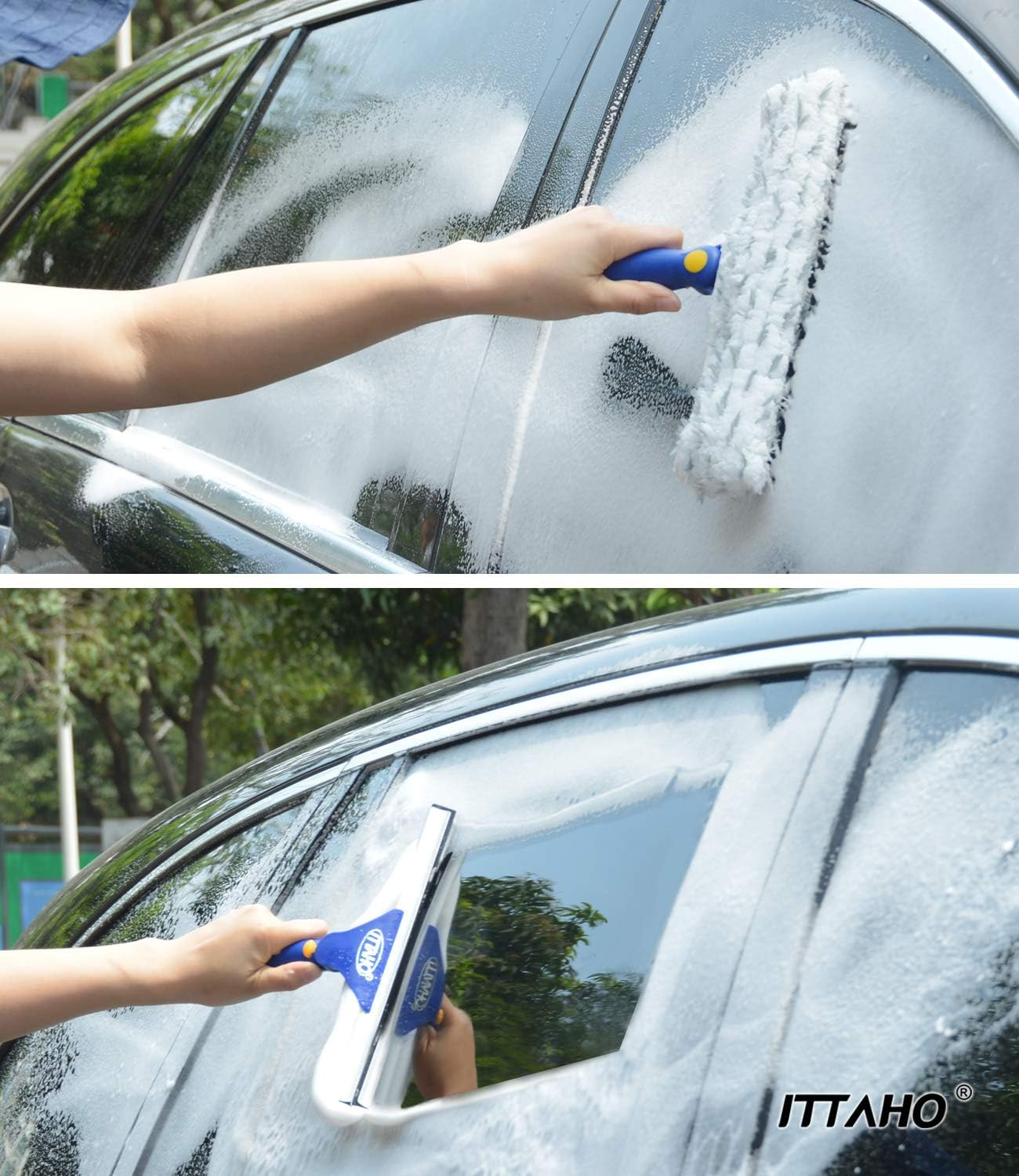 Window Squeegee with Extension Pole, Separate 12" Squeegee & 11" Microfiber Scru