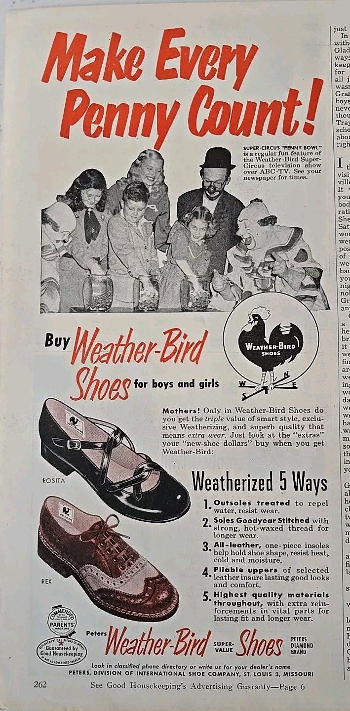 1951 Weather-bird shoes for boys girls Super Circus clown vintage fashion ad