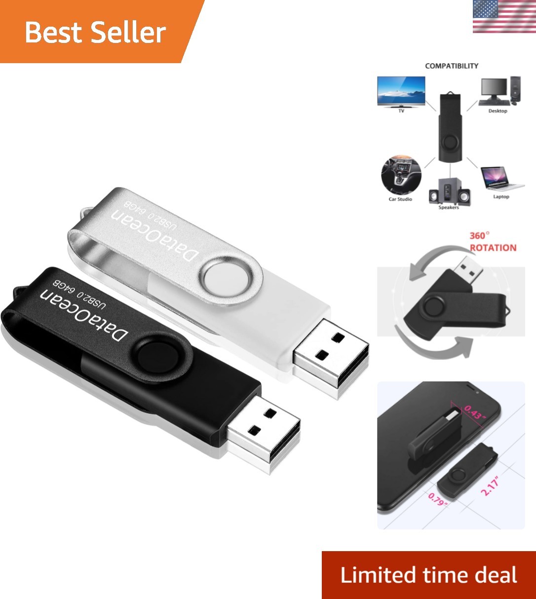 Stylish 2-Pack 64GB USB 2.0 Flash Drives - Swivel Design & Keychain Attachment