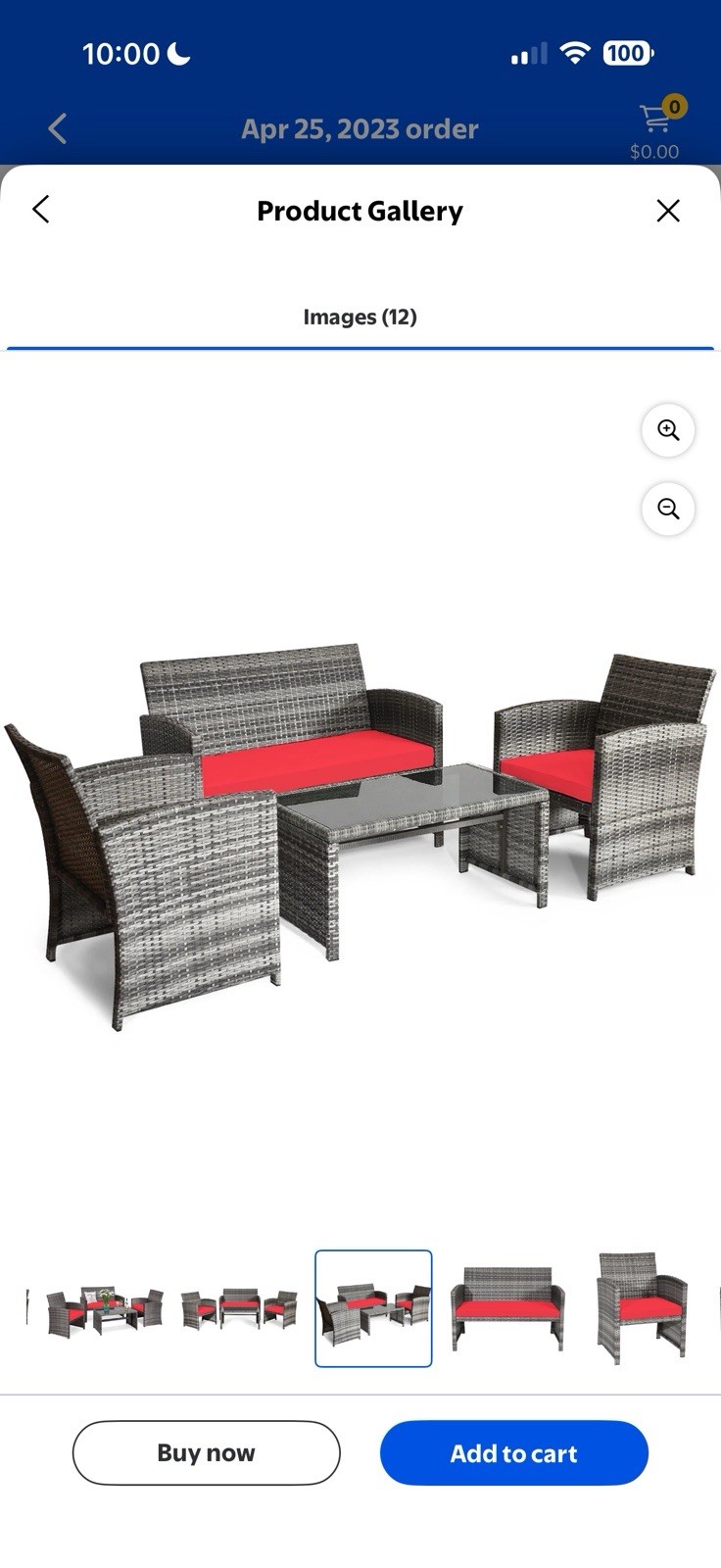 Costway 4PCS Patio Rattan Conversation Glass Table Top Cushioned Sofa Red