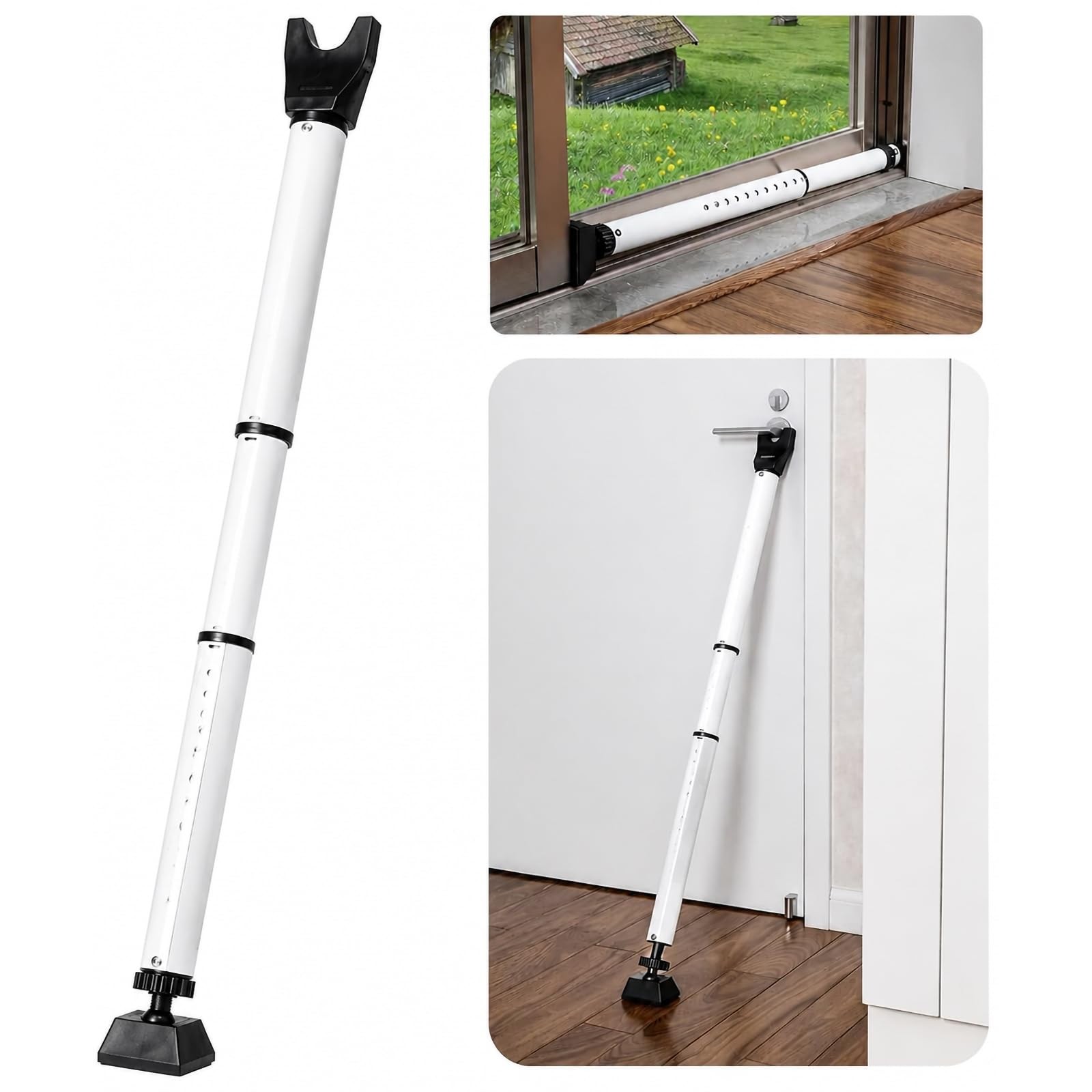 Door Security Bar Upgraded Stoppers Adjustable Sliding Glass White