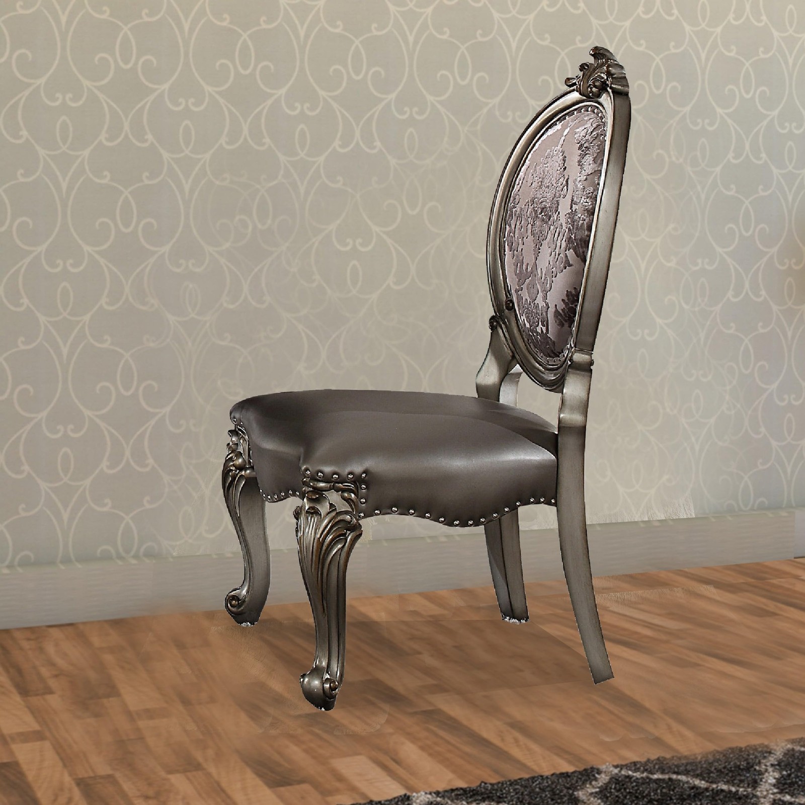 Bowery Hill Dining Side Chair in Silver PU and Antique Platinum (Set of 2)