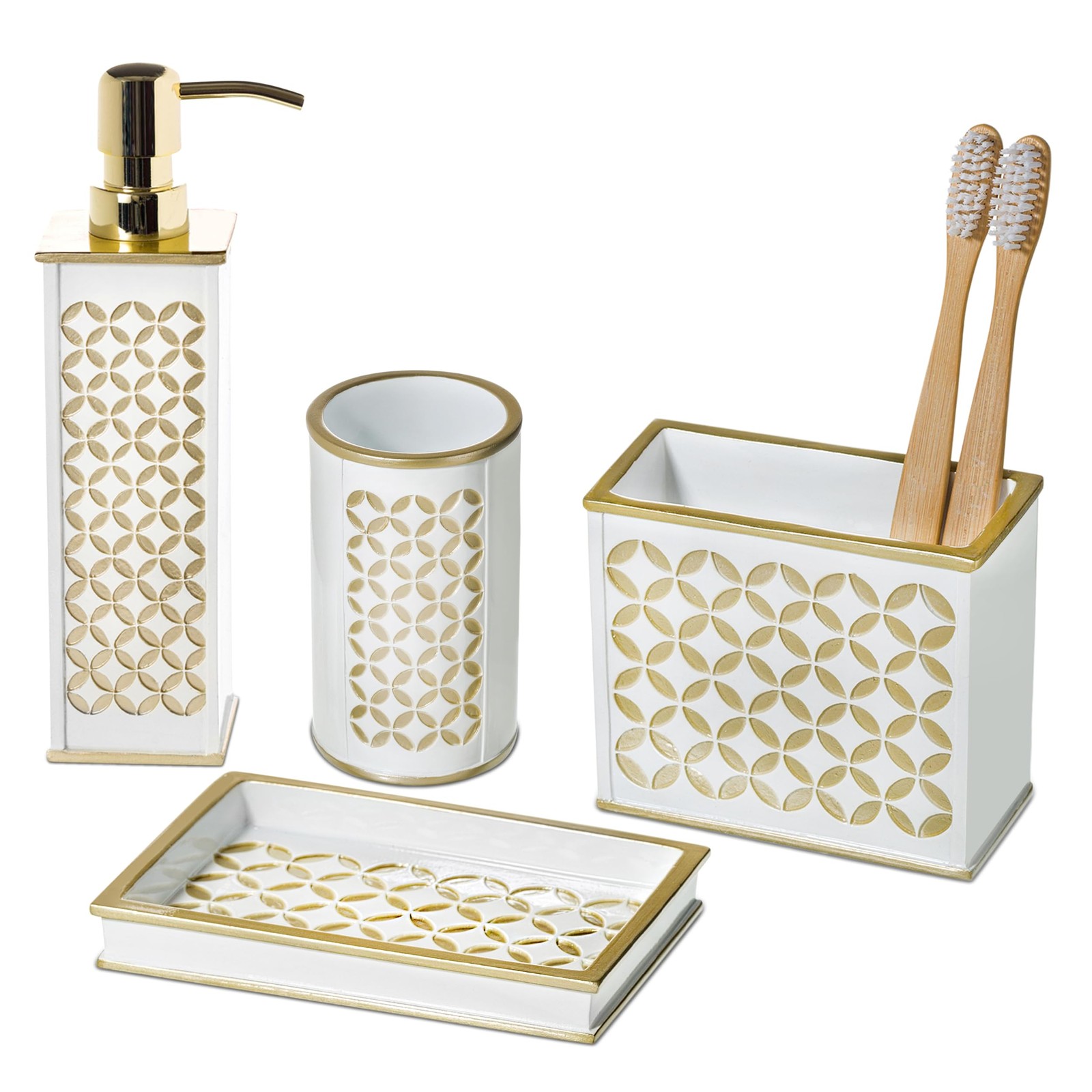 Diamond Lattice White Bathroom Set - Decorative 4 Piece Bathroom Accessory Se...