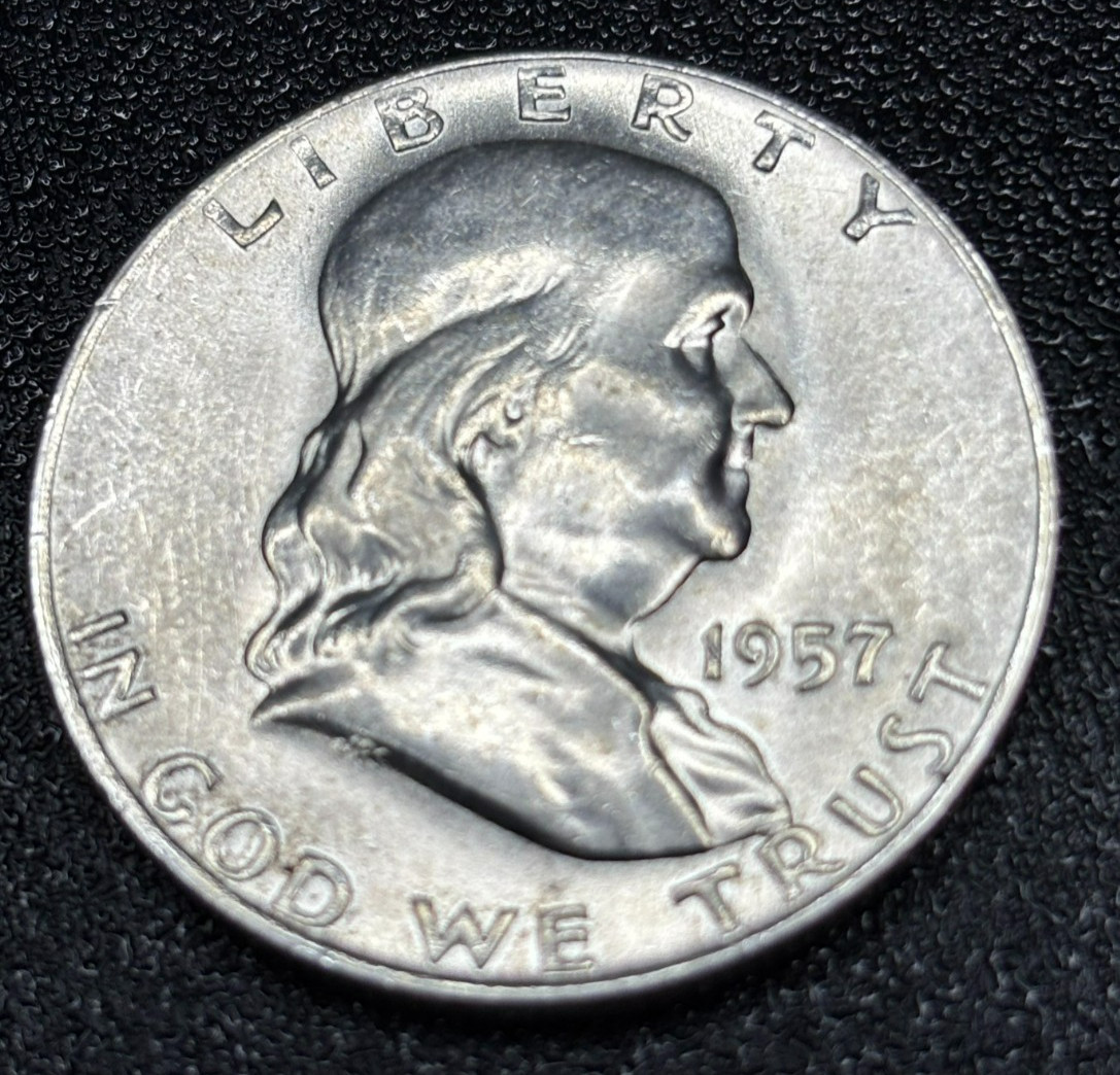 1957-D BEN FRANKLIN SILVER HALF DOLLAR - BU-LUSTROUS