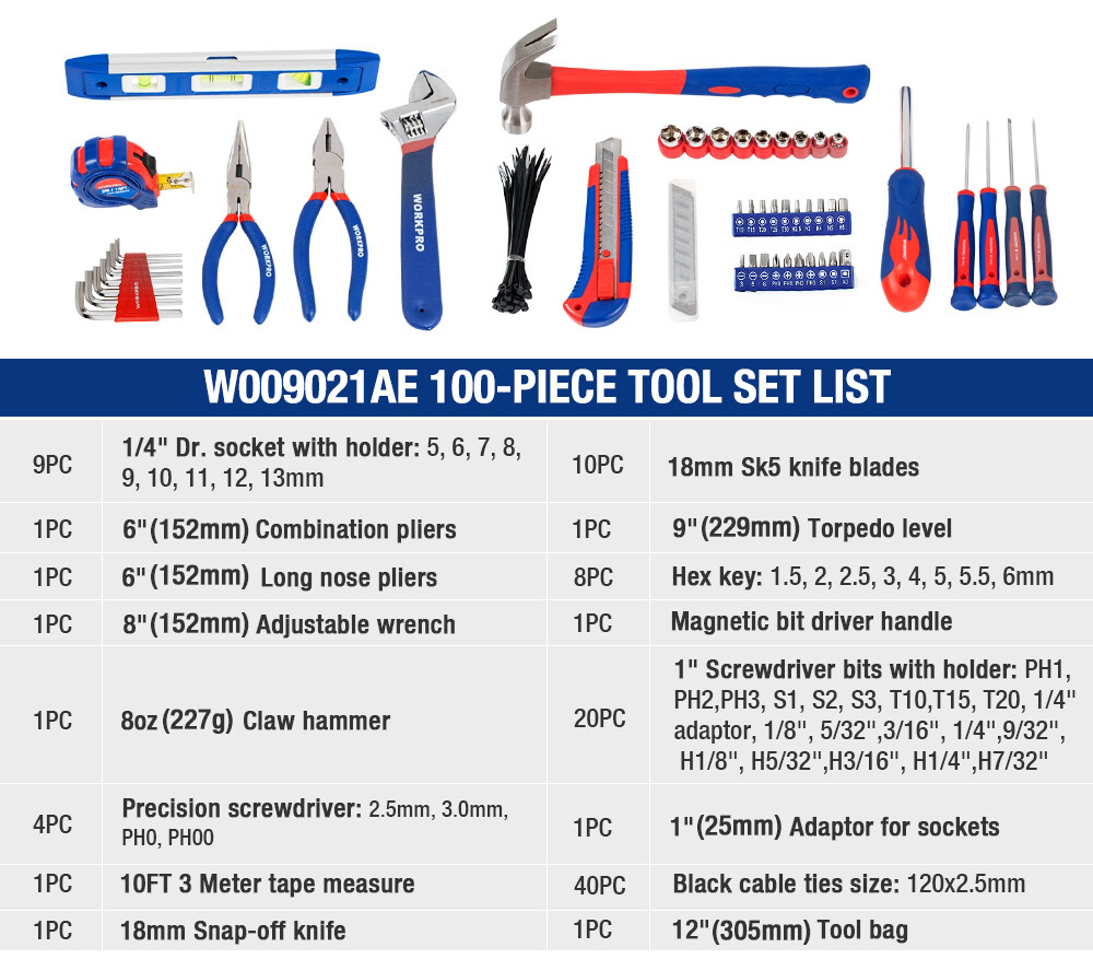 WORKPRO Home Tool Kit 100PIECE Household Hand Tool Kit Set w/Easy Carrying Pouch