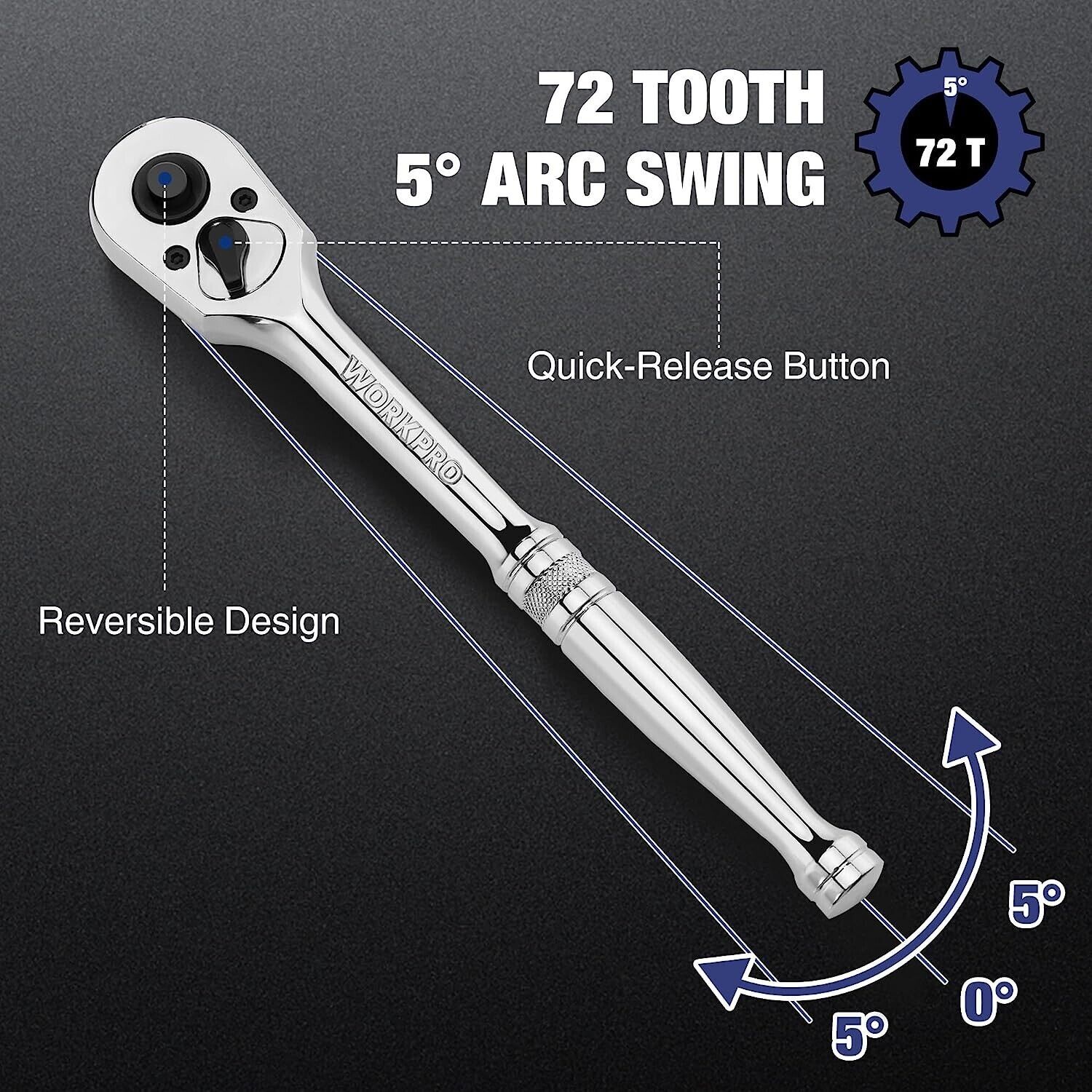 WORKPRO 3PCS Ratchet Set 1/4" 3/8" 1/2" Dr Ratchet Handle Quick Release 72-Tooth