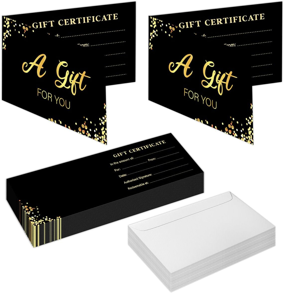 Gift Certificates for Business with Envelopes, Black Fill-In Gift Cards | 50 Set
