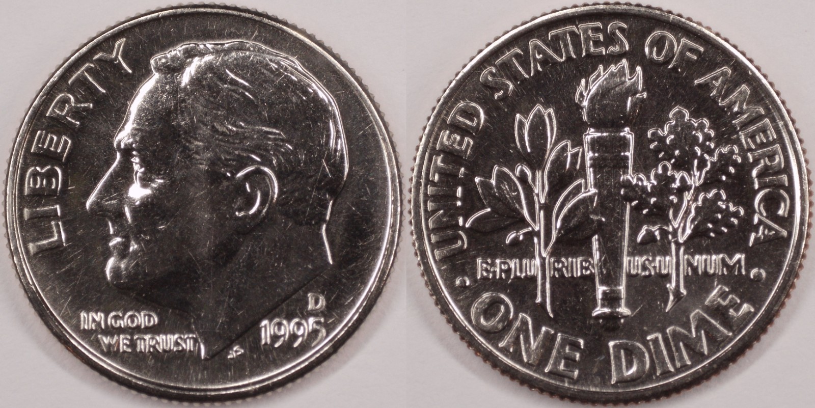 United States 1995 D 10 Cents Roosevelt Dime KM#195a Clad Torch Olive Oak Branch