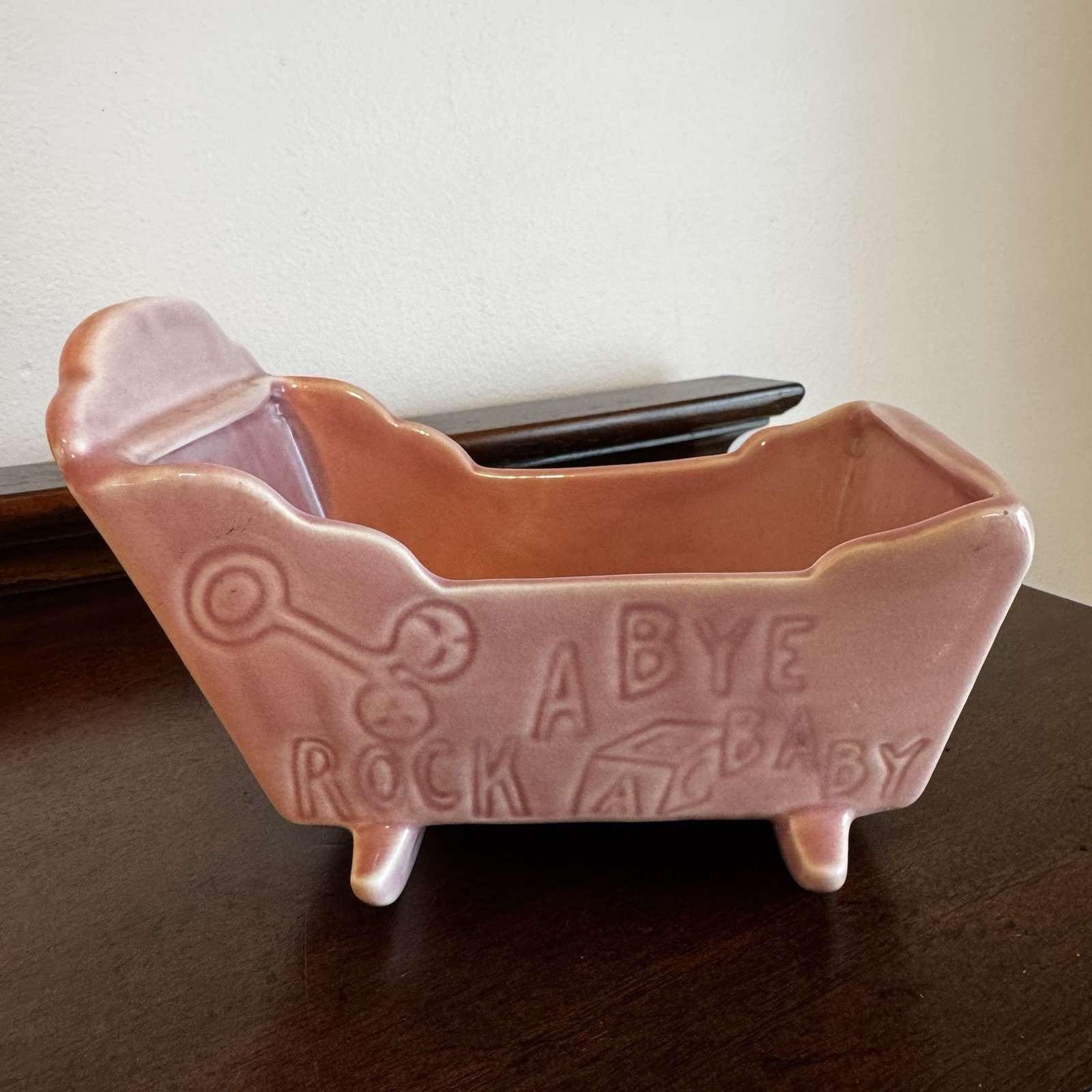 Vintage MCM Pink Baby Bassinet Planter -  ABC,  Puppies, Rock A Bye Baby, Rattle