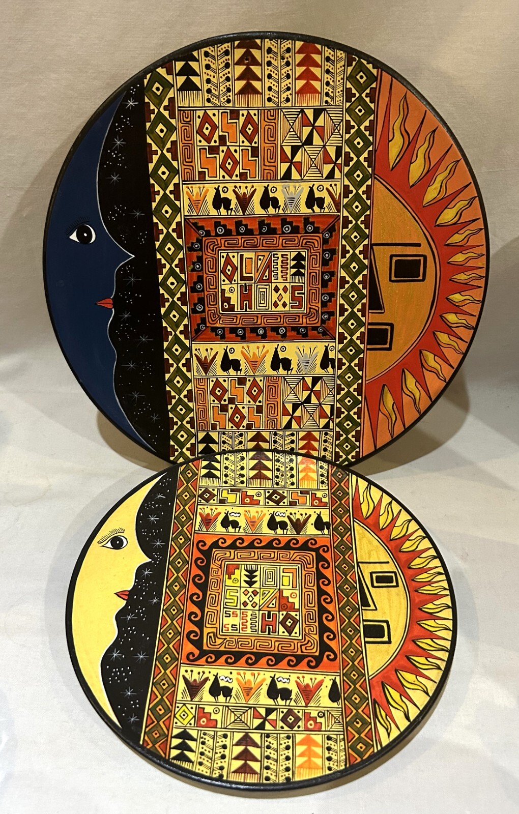 Lot of 2 Peru Folk Art Hand Painted Wood Plates Sun & Moon 9.5" & 7.5" Wall Art