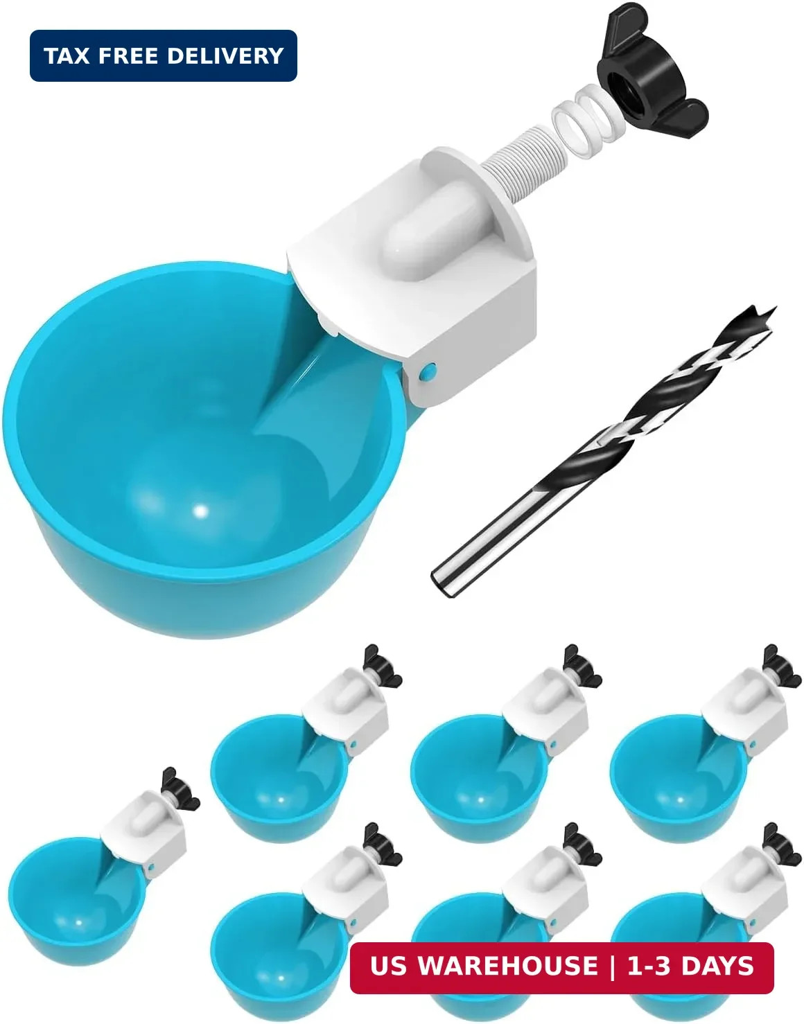 Chicken Waterer Cups (8 Pack) with 3/8" Drill Bit - Light Blue | Automatic Poult