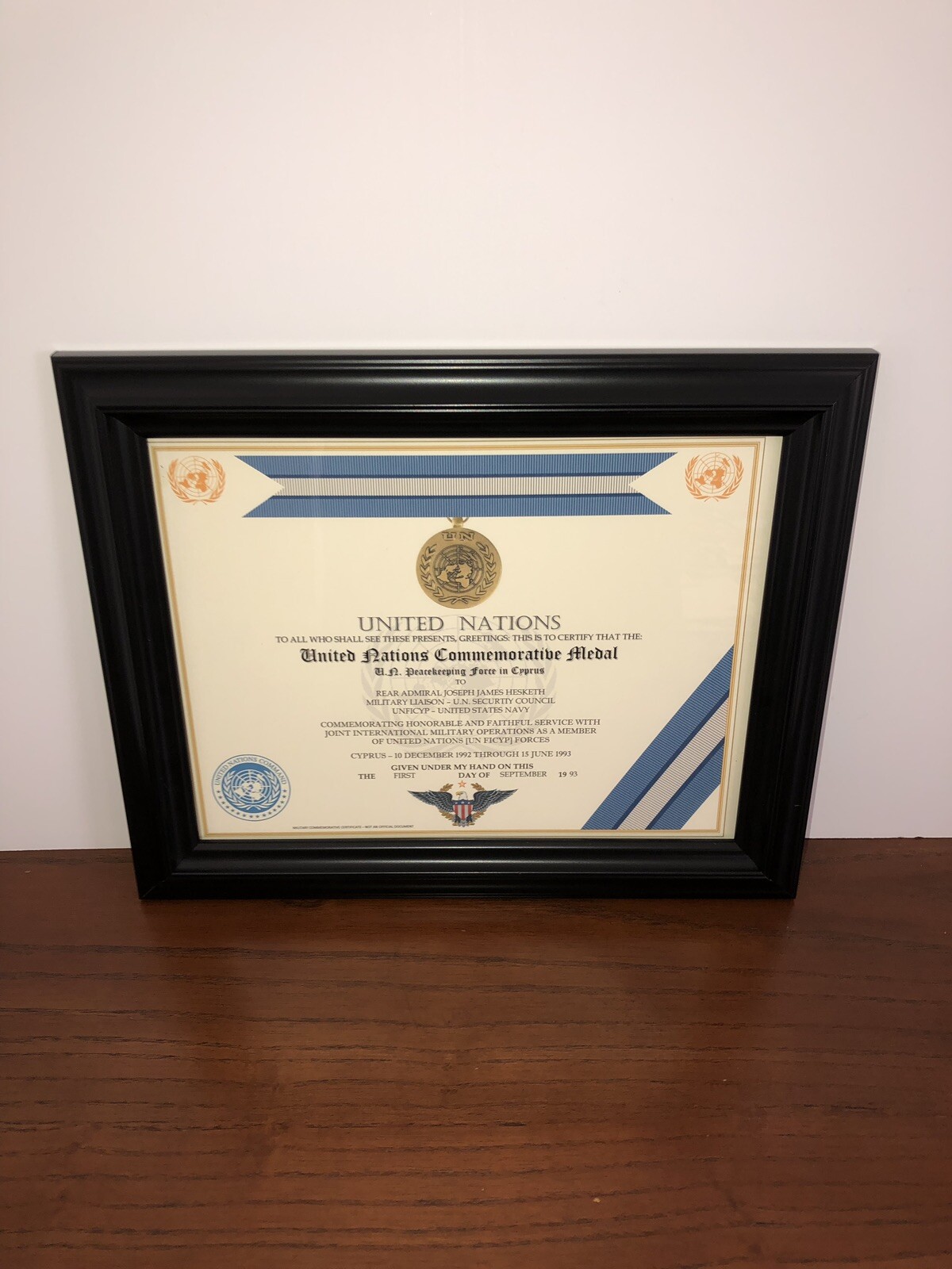 UNITED NATIONS [UNFICYP] COMMEMORATIVE MEDAL CERTIFICATE ~ Type 1