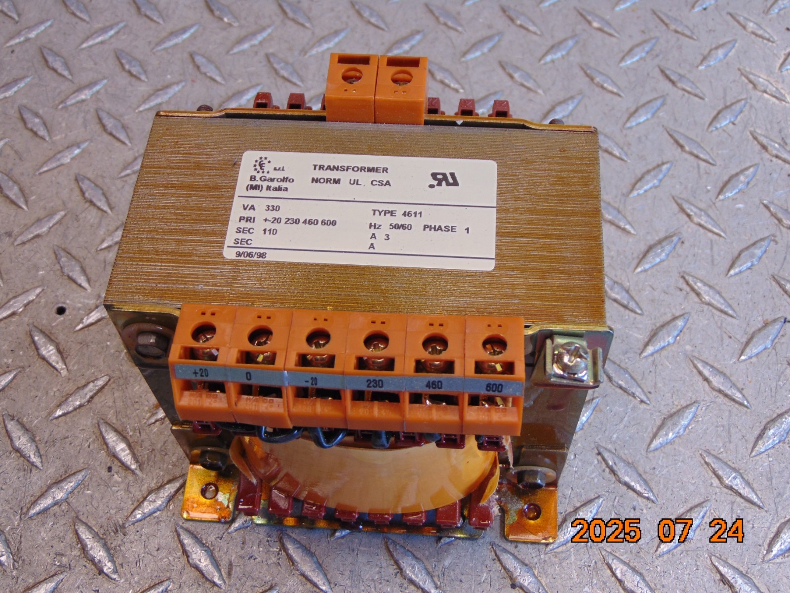 B. GAROLFO TYPE 4611 330VA TRANSFORMER PRI: 230/460/600V SEC: 110V 1-PHASE
