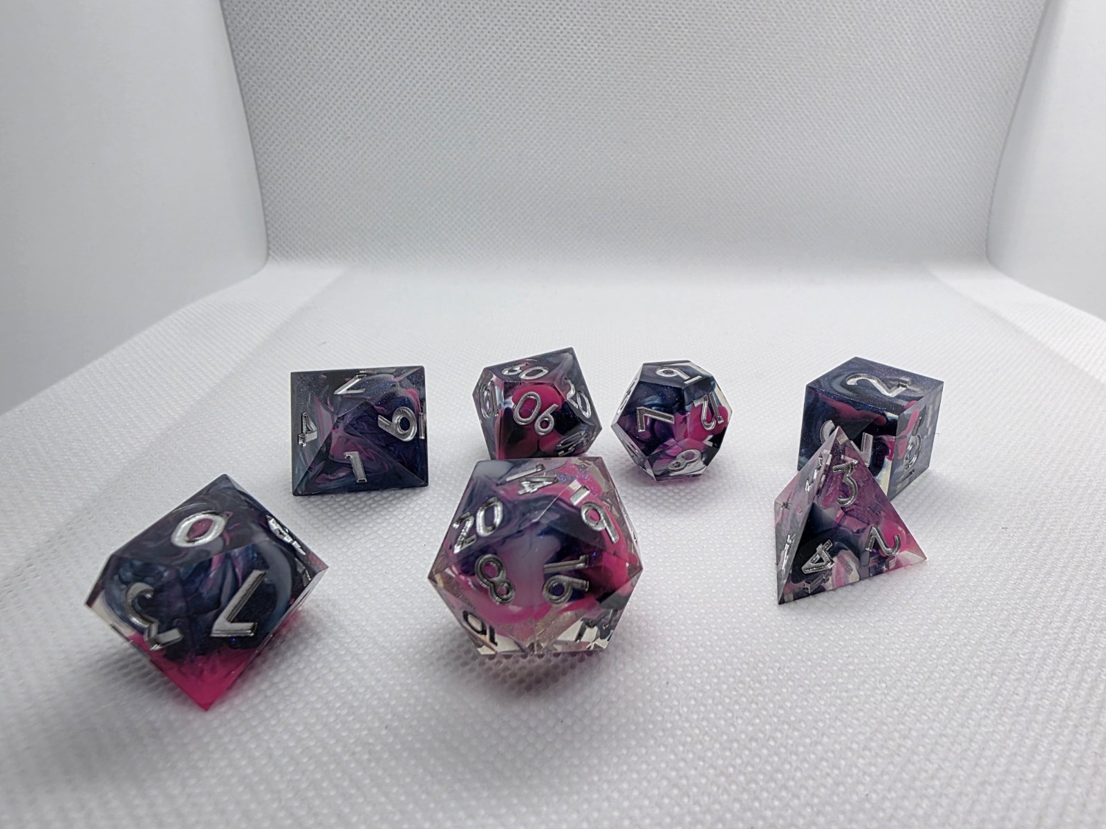 Handmade Blue & Pink Swirl Dice Set  7pc Resin Polyhedral Set for DnD / TTRPG