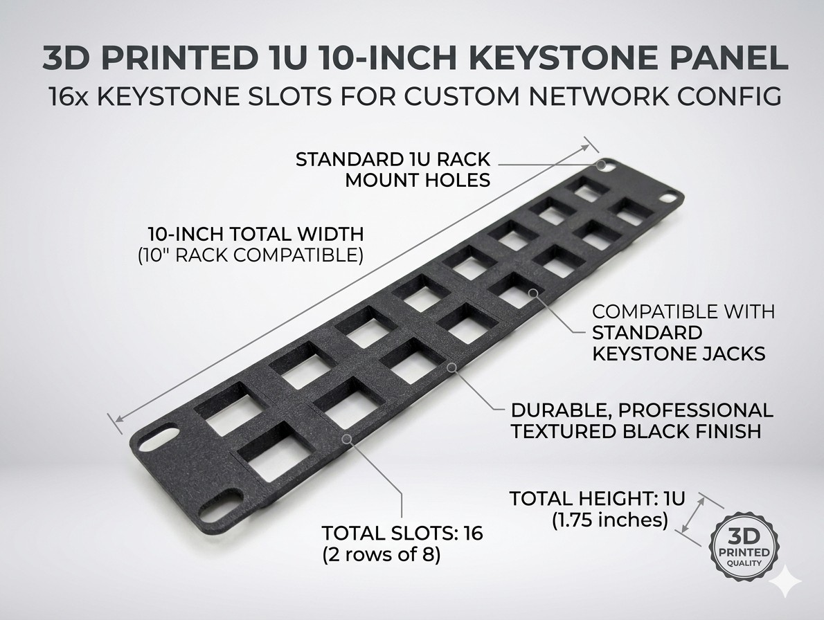 10-Inch 10" Server Keystone Patch Panel – 16 Port (Black, 3D Printed) Petg Black