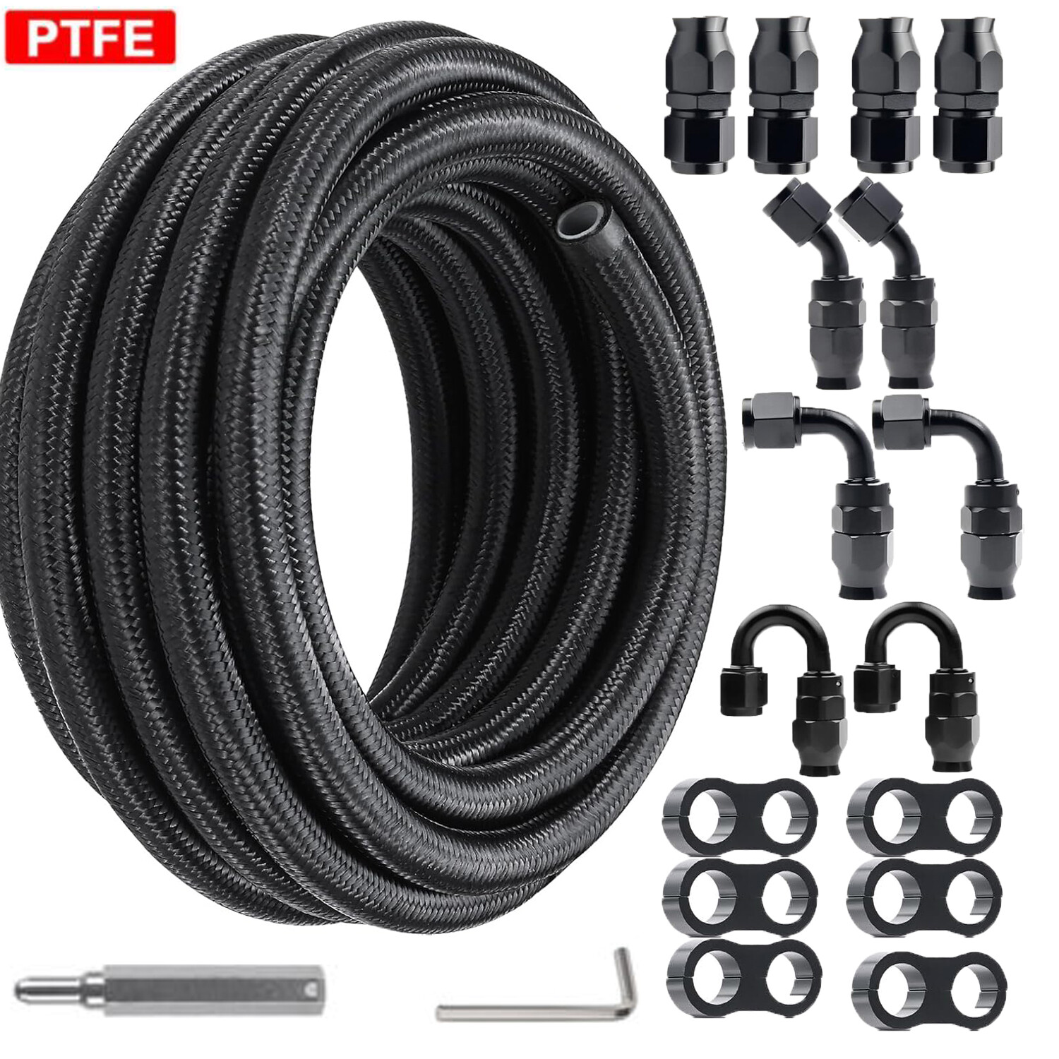 8AN 20FT PTFE Fuel Line Hose Kit E85 Nylon Braided with 10PCS Fuel Hose Fitting