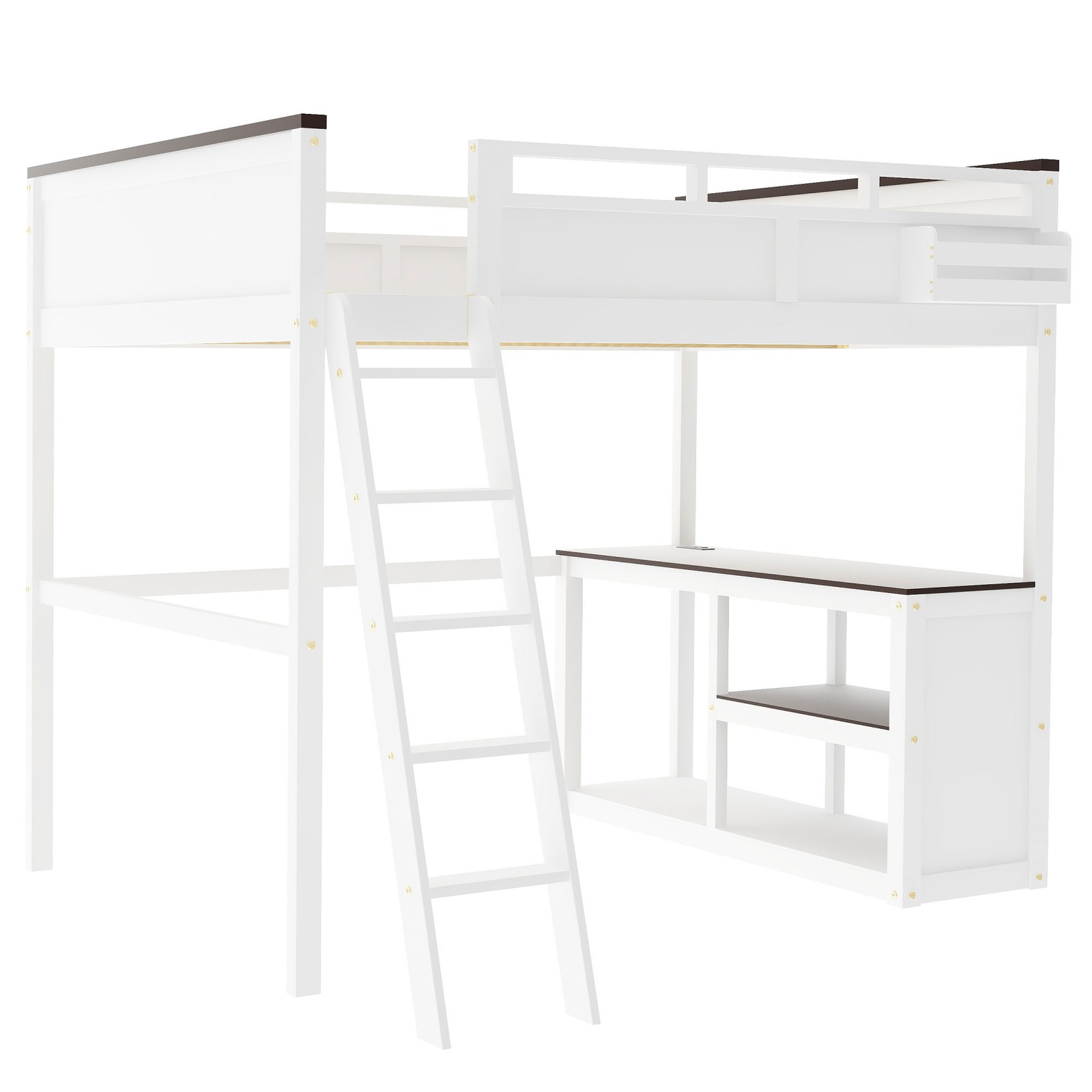Queen Size Loft Bed with Desk Ladder Storage Shelf Solid Wood Bedroom Bed Frame