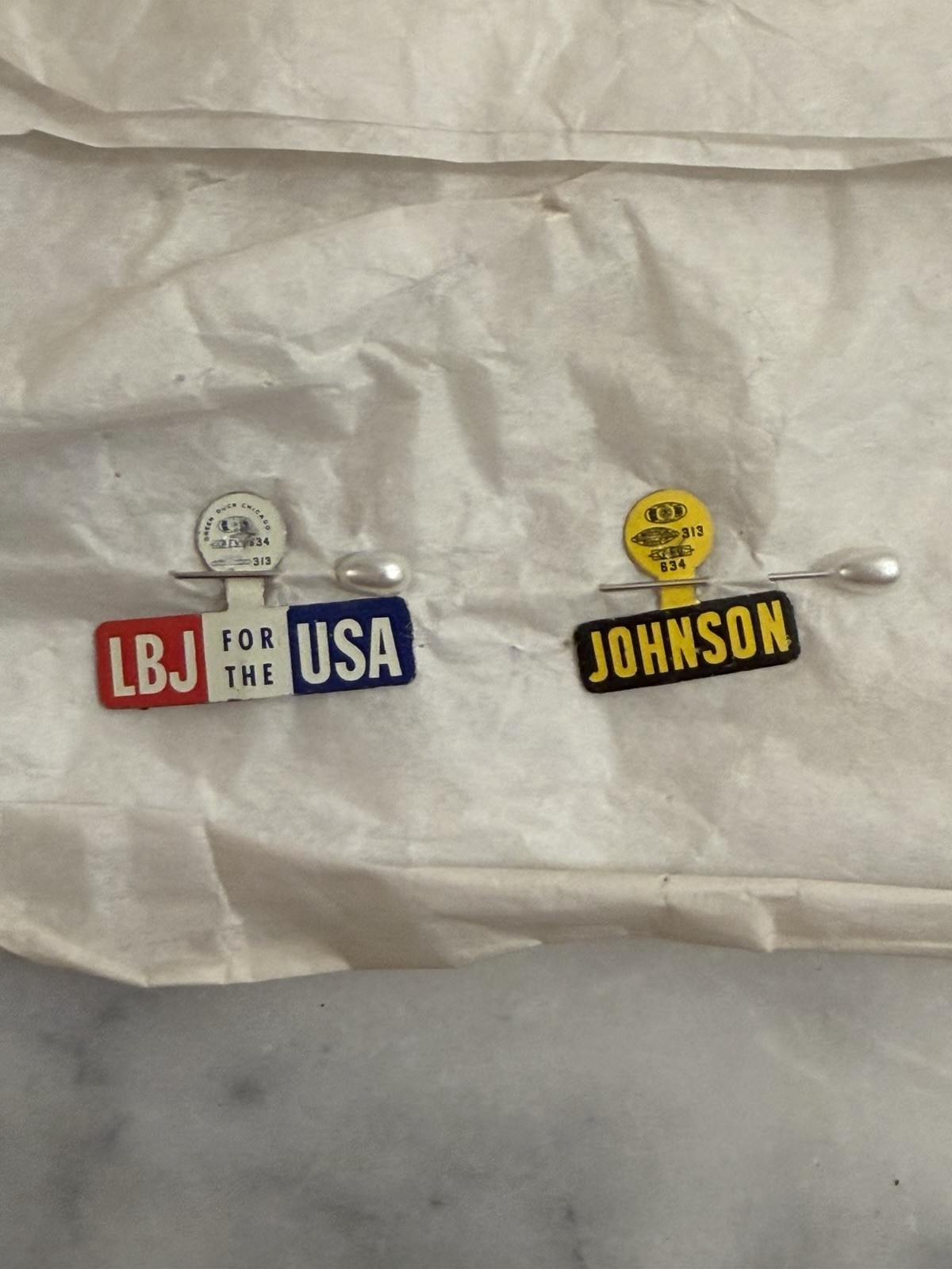 Vintage 1964 LBJ Johnson Campaign Tab Pins Metal Political Lot USA Pair