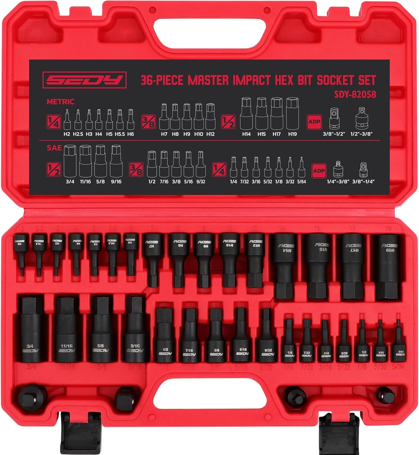 Hex Bit Impact Socket Set 36-PC with 4 Adapters, 1/4" 3/8" 1/2" Drive Master