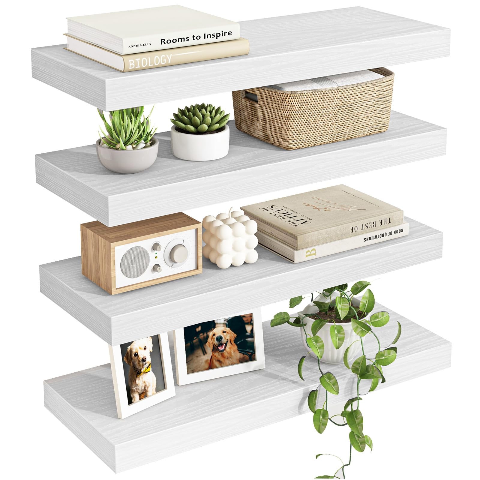 White Shelves for Wall, 15.8in Rustic Wood Finish Floating Wall Shelves Set o...