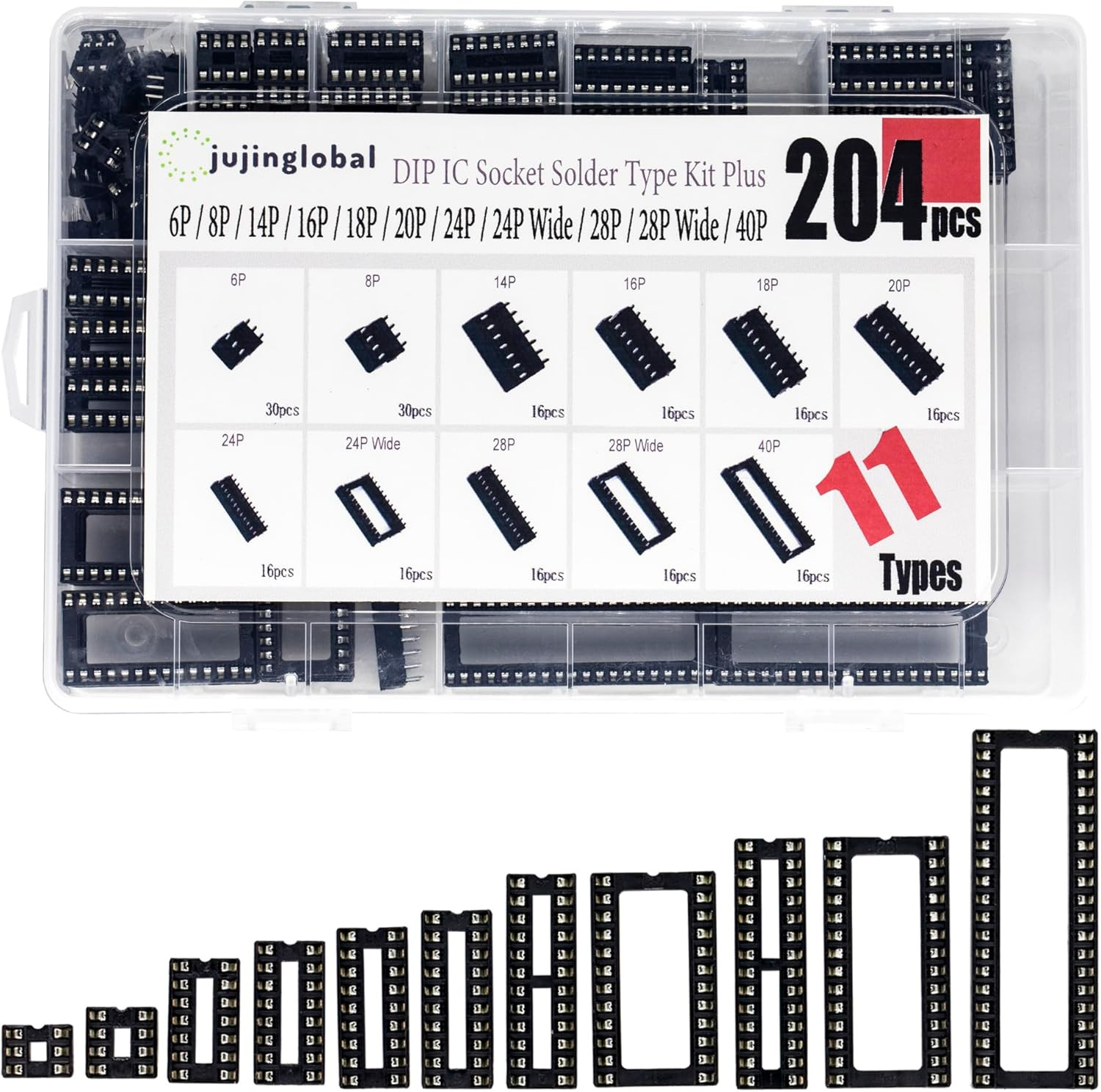 204Pcs 11 Types DIP IC Socket Kit 2.54Mm 0.1" Pitch 6 8 14 16 18 20 24 24Wide 28