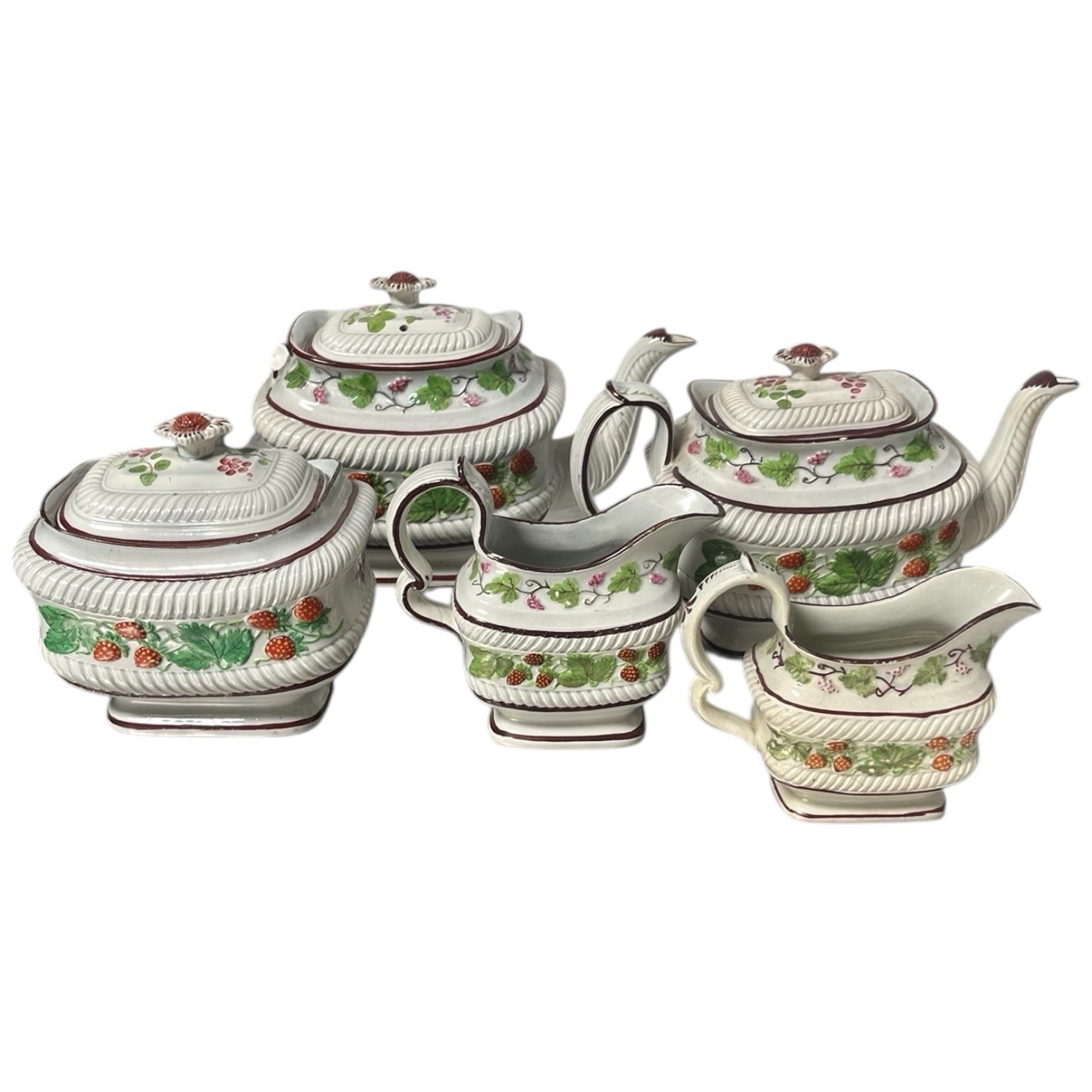 Antique 19th Century Staffordshire Pearlware Raised Strawberry Tea Set English