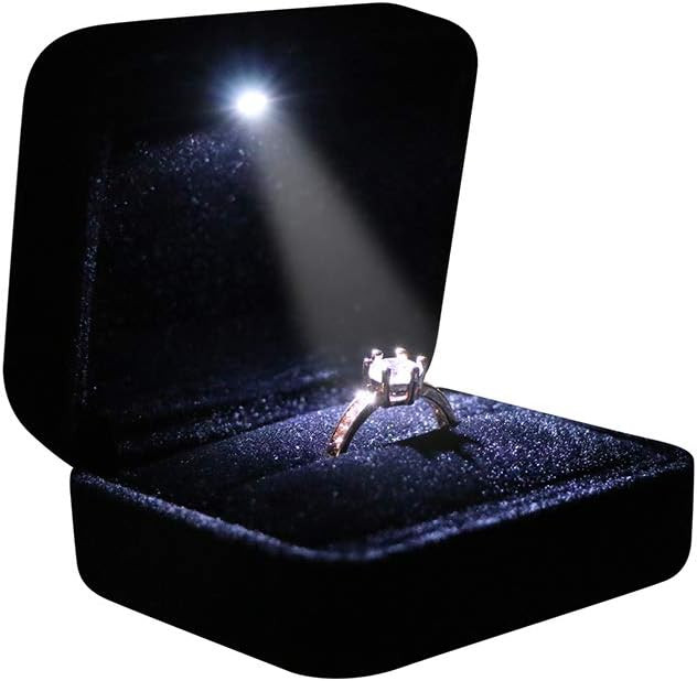 Velvet Metal Glossy with LED Jewelry Gift Box for Proposal, Engagement, Black