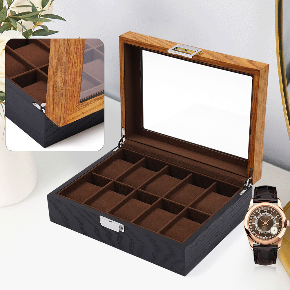 10-Slot Watch Box Watch Case Solid Wood Watch Box Organizer with Glass Lid Lock